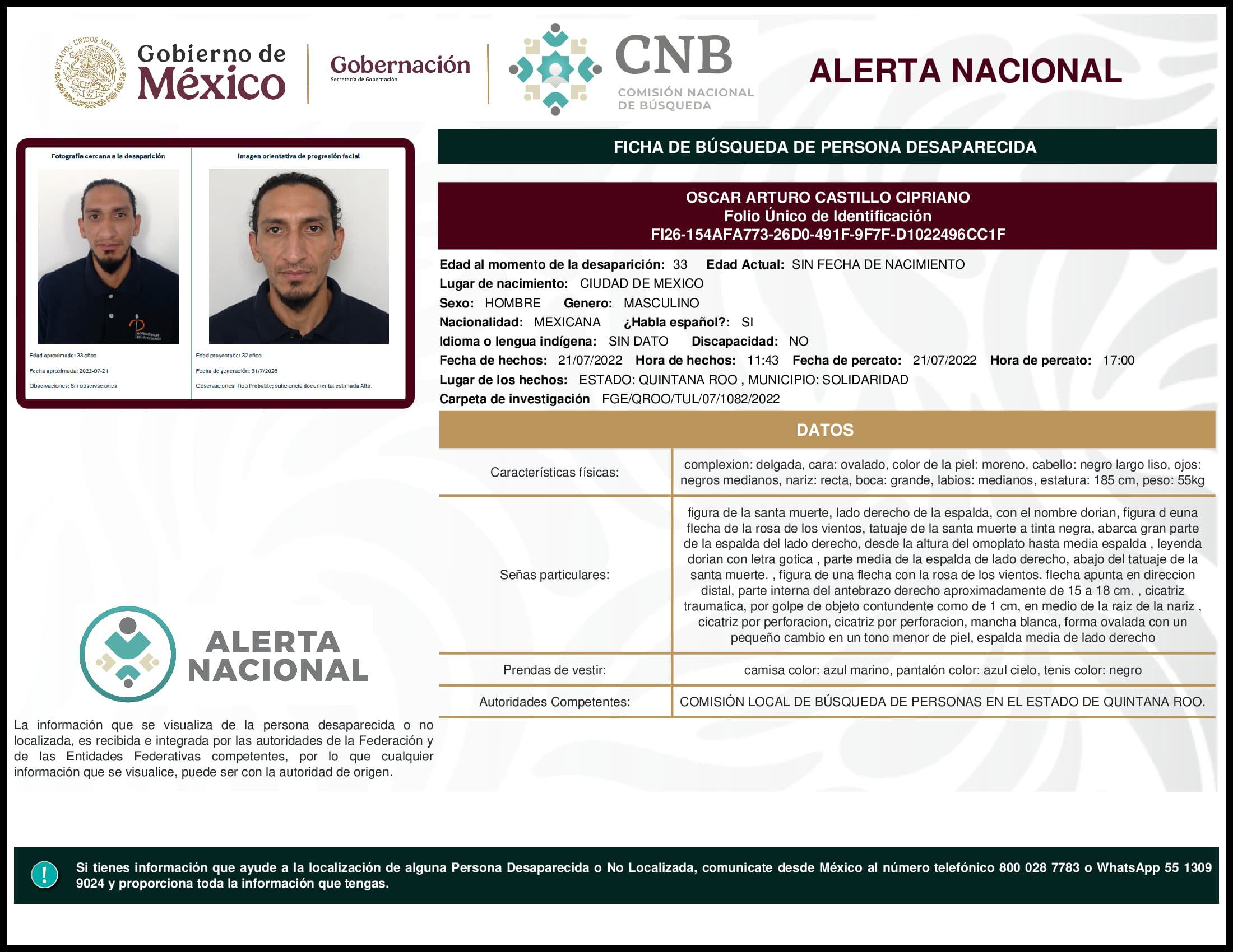 Persona desaparecida Oscar Arturo Castillo Cipriano