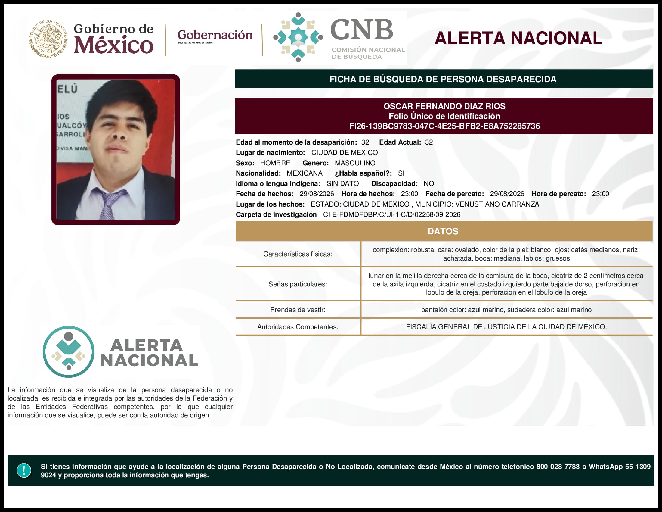 Persona desaparecida Oscar Fernando Diaz Rios
