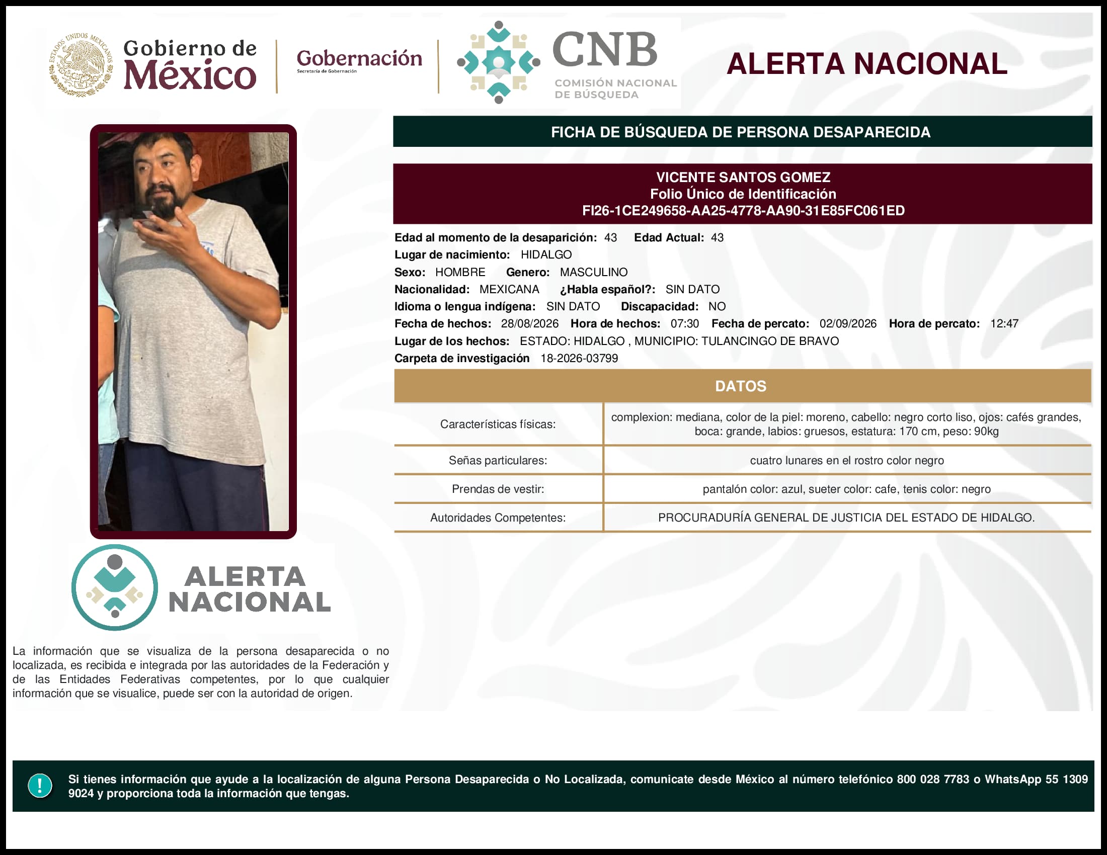 Persona desaparecida Vicente Santos Gomez