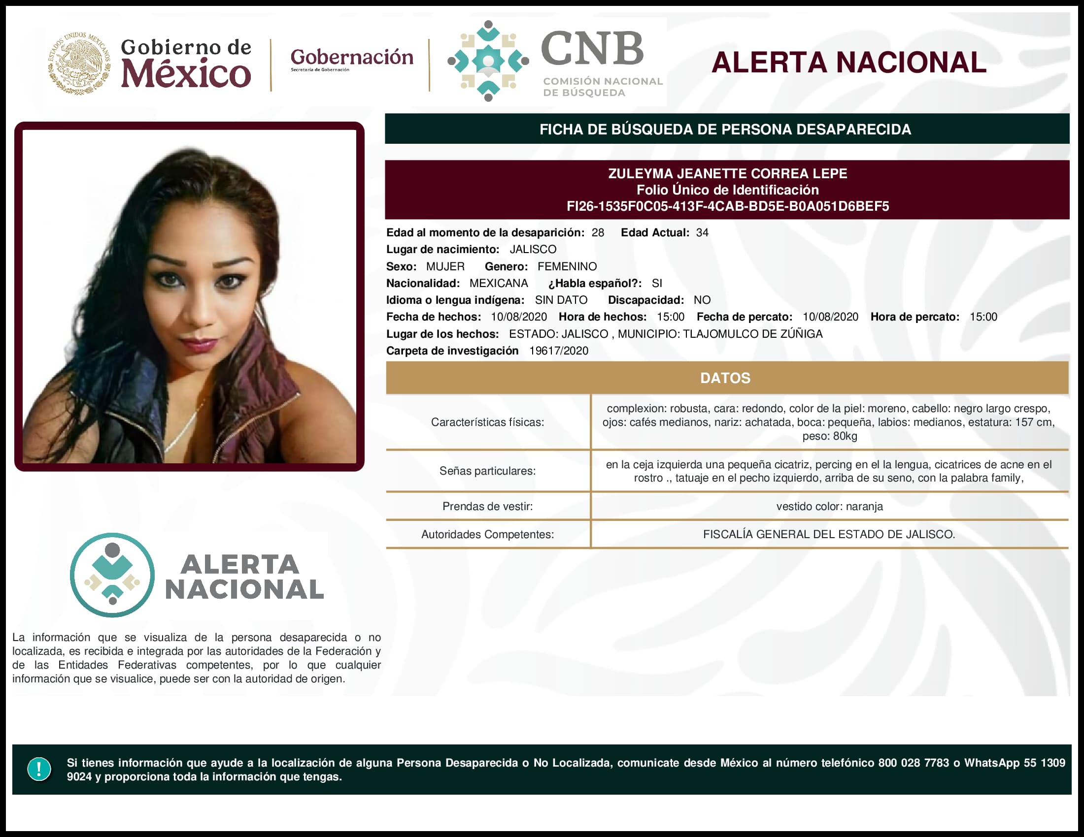 Persona desaparecida Zuleyma Jeanette Correa Lepe
