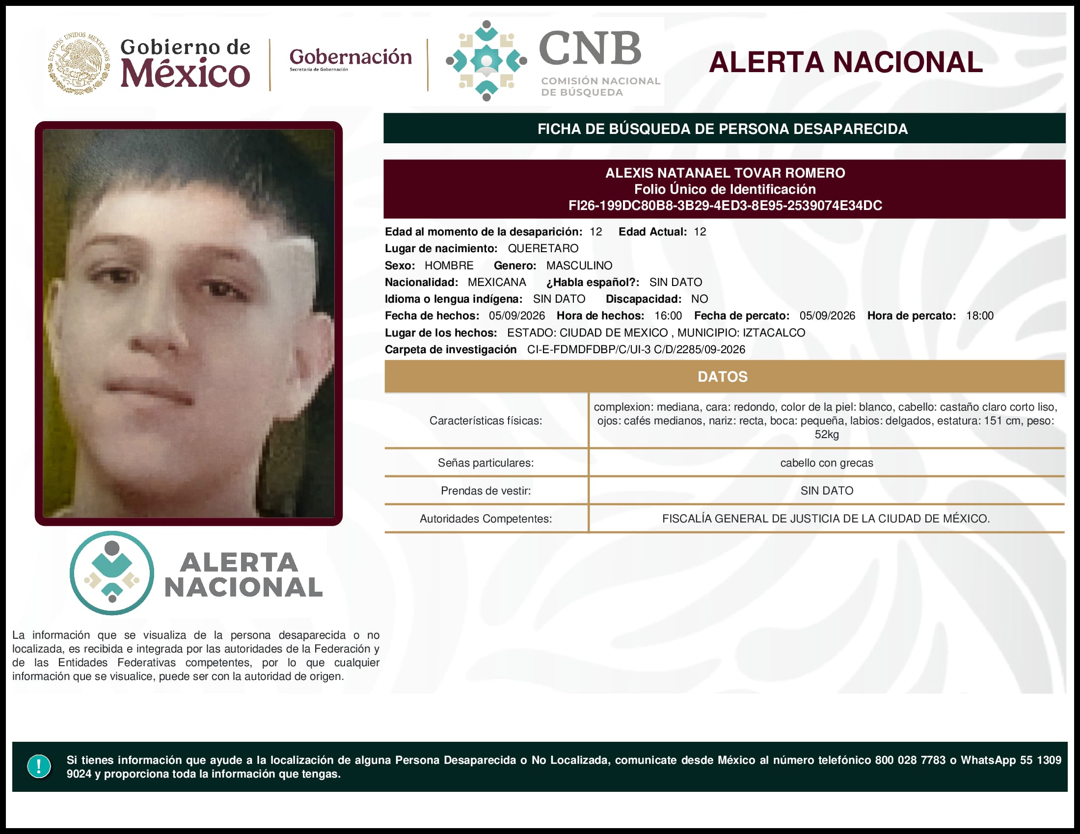Persona desaparecida Alexis Natanael Tovar Romero