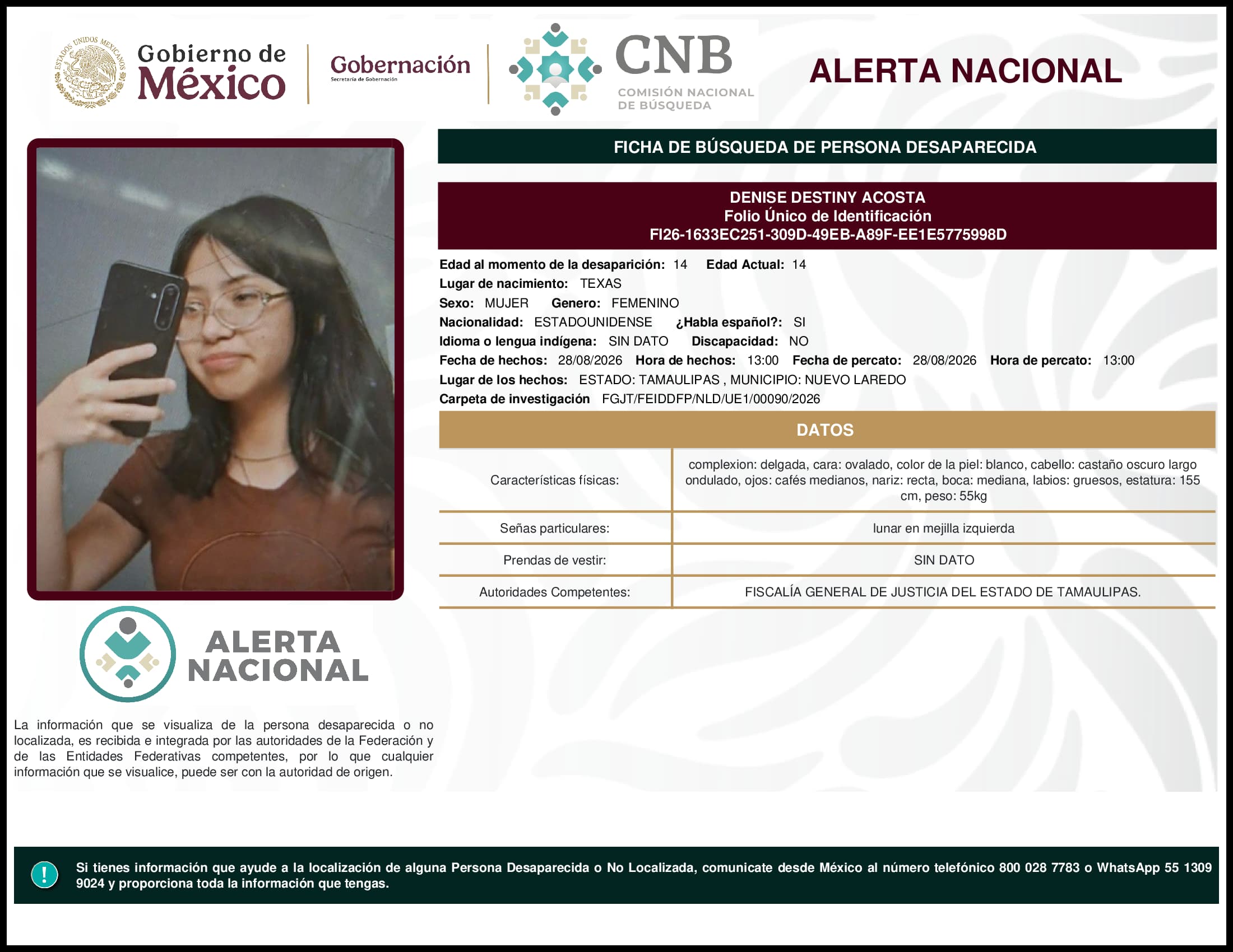 Persona desaparecida Denise Destiny Acosta
