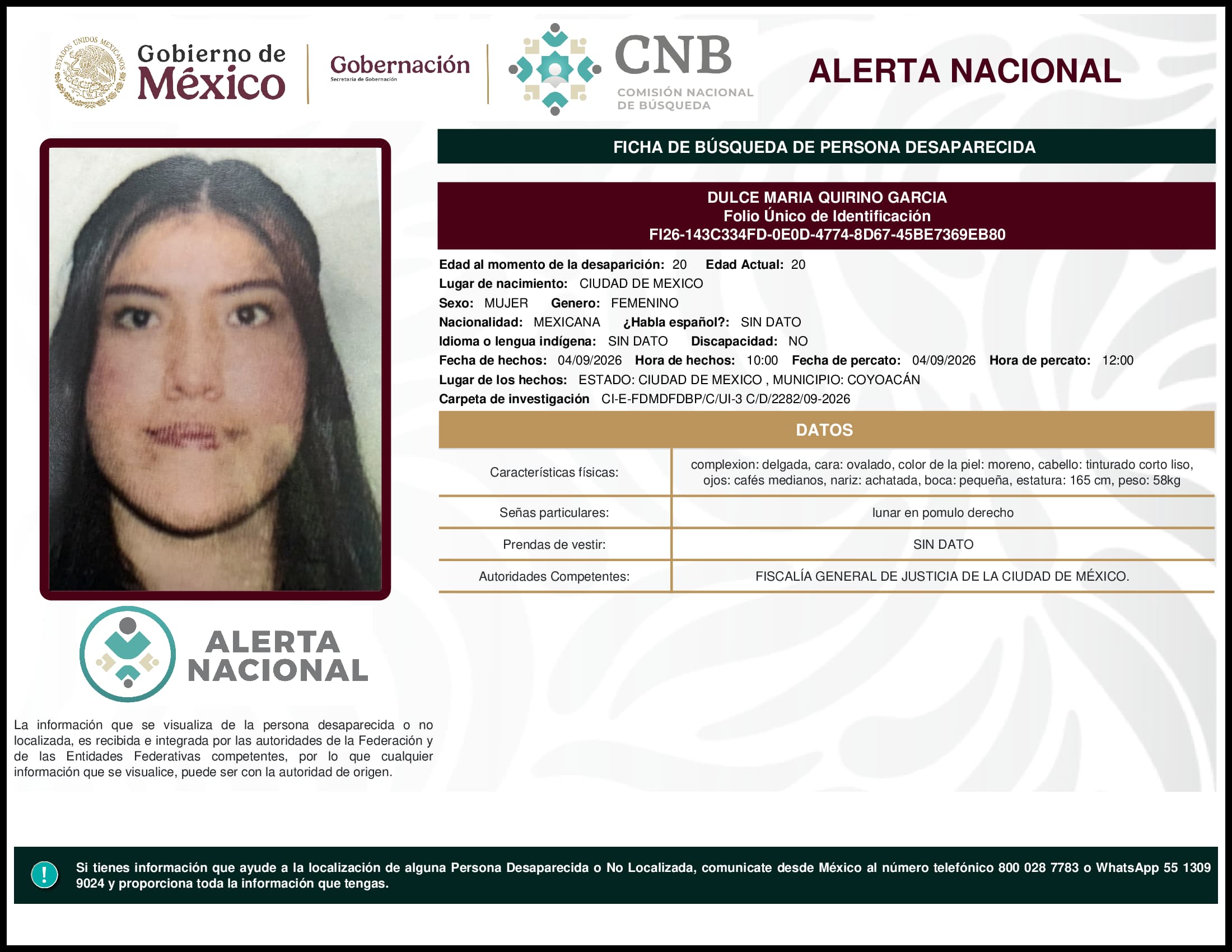 Persona desaparecida Dulce Maria Quirino Garcia