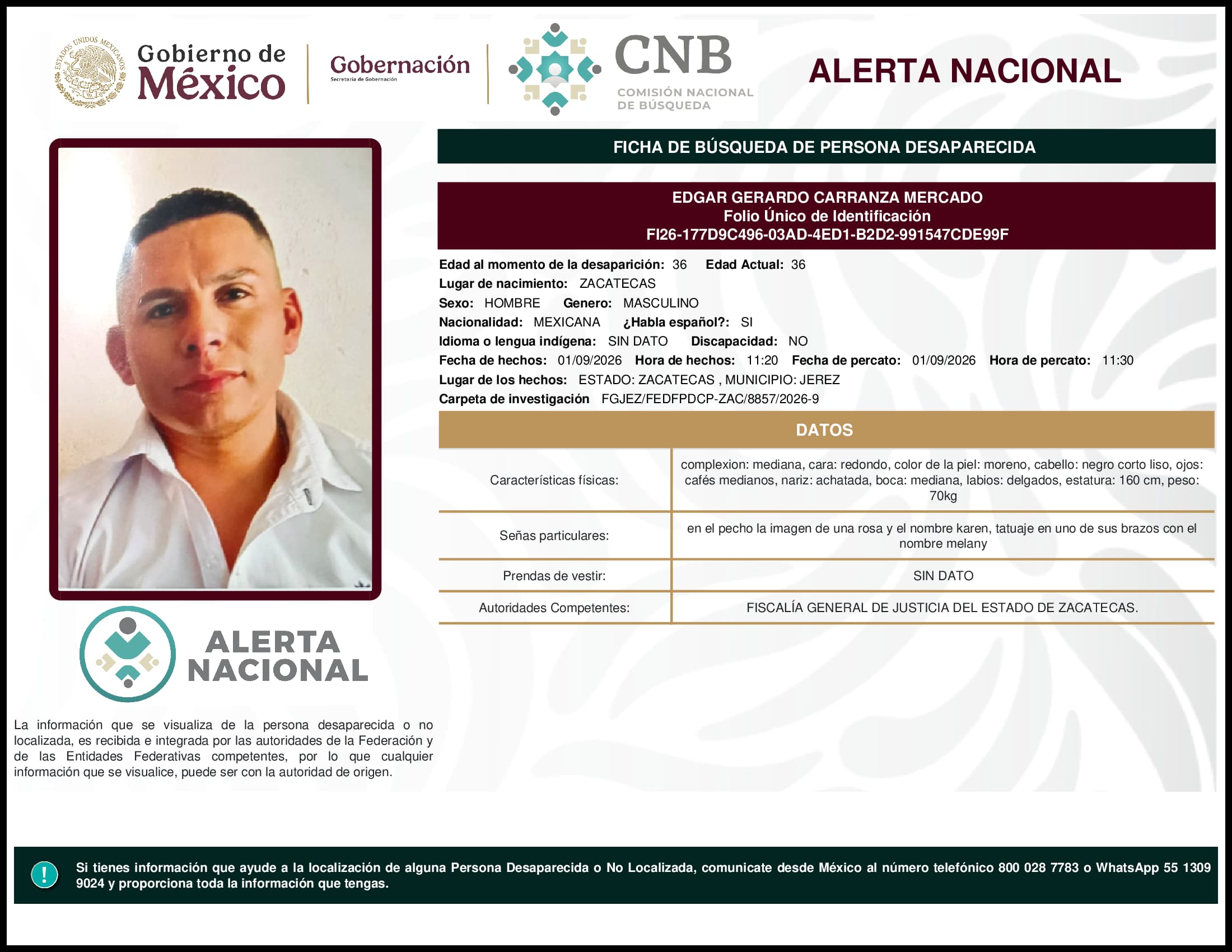Persona desaparecida Edgar Gerardo Carranza Mercado