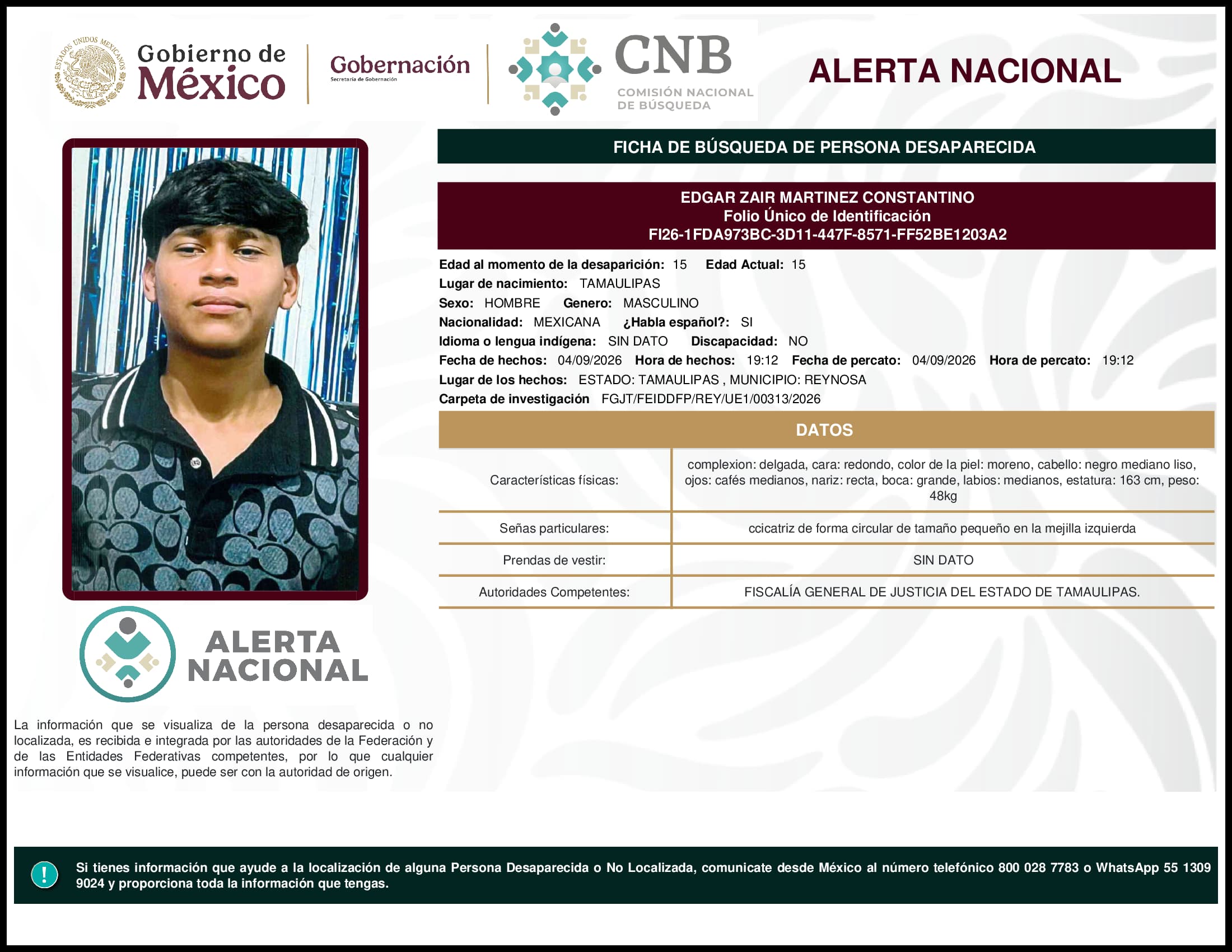 Persona desaparecida Edgar Zair Martinez Constantino