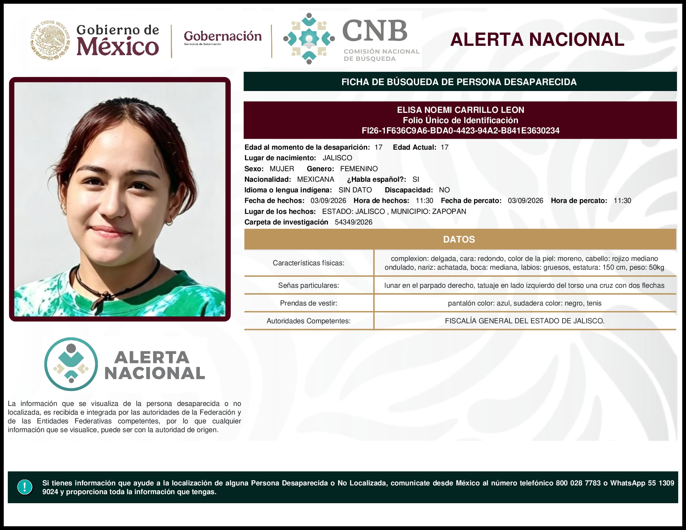 Persona desaparecida Elisa Noemi Carrillo Leon