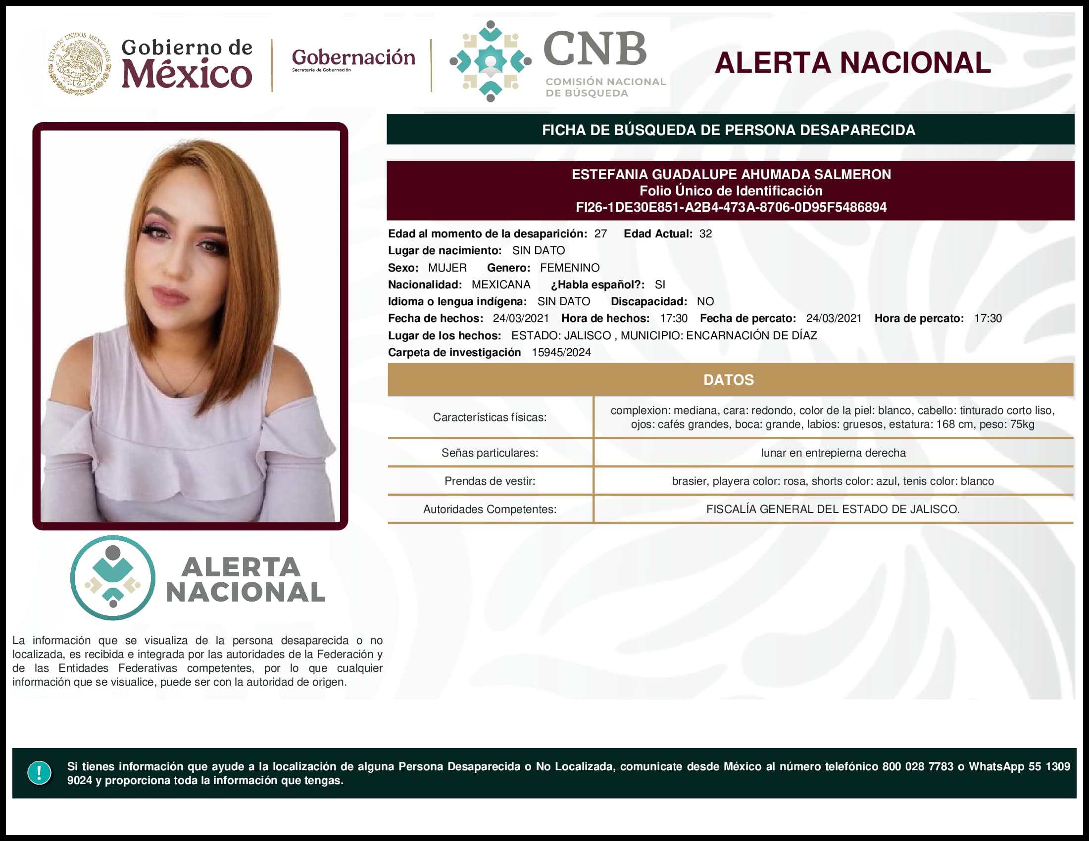 Persona desaparecida Estefania Guadalupe Ahumada Salmeron