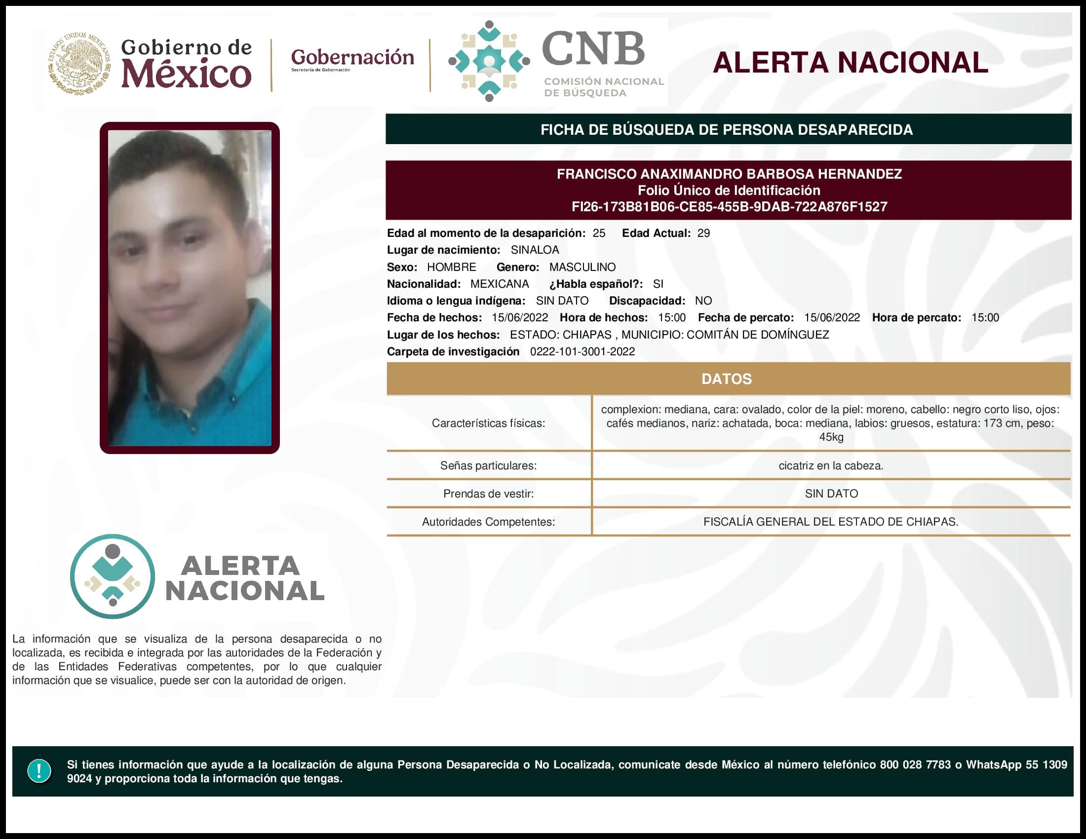 Persona desaparecida Francisco Anaximandro Barbosa Hernandez