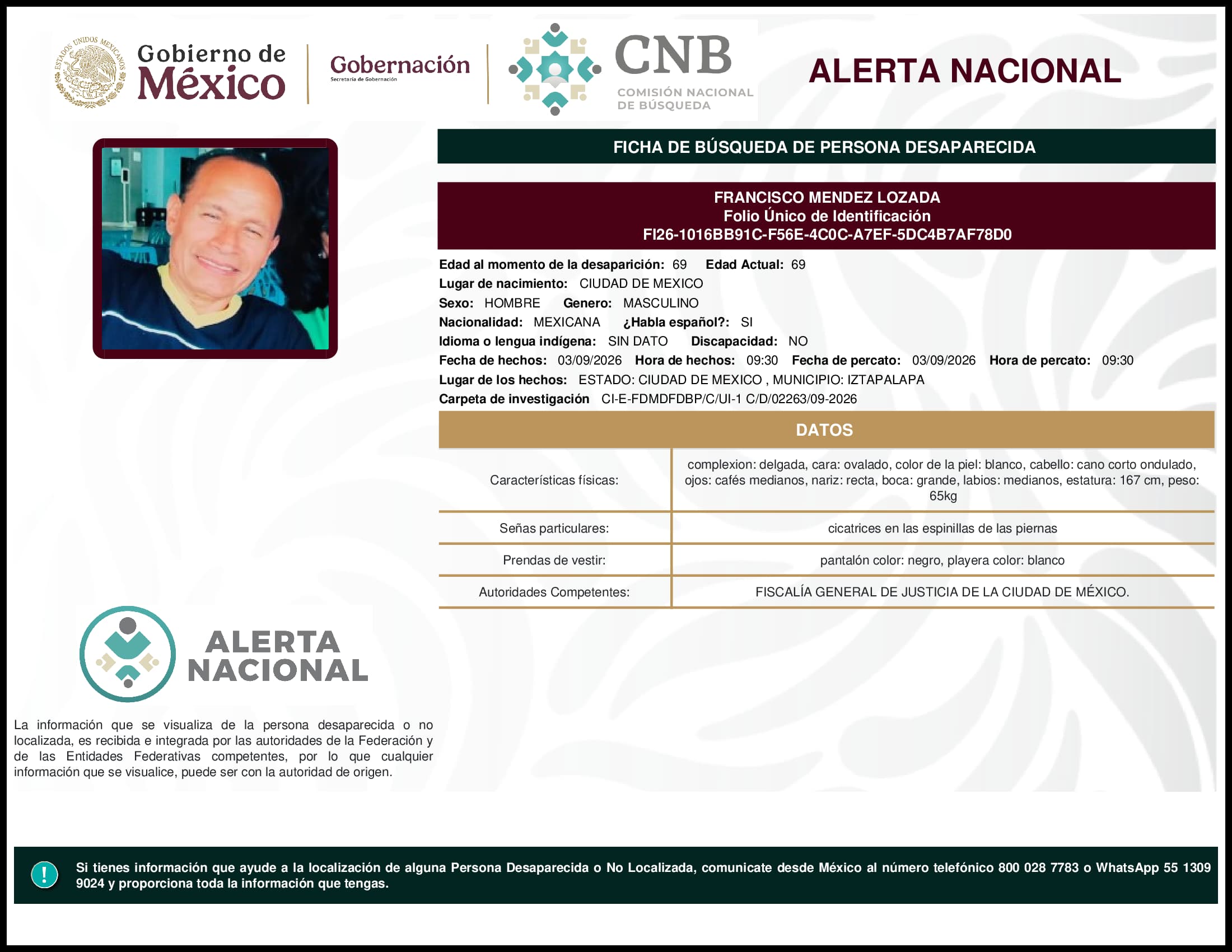Persona desaparecida Francisco Mendez Lozada