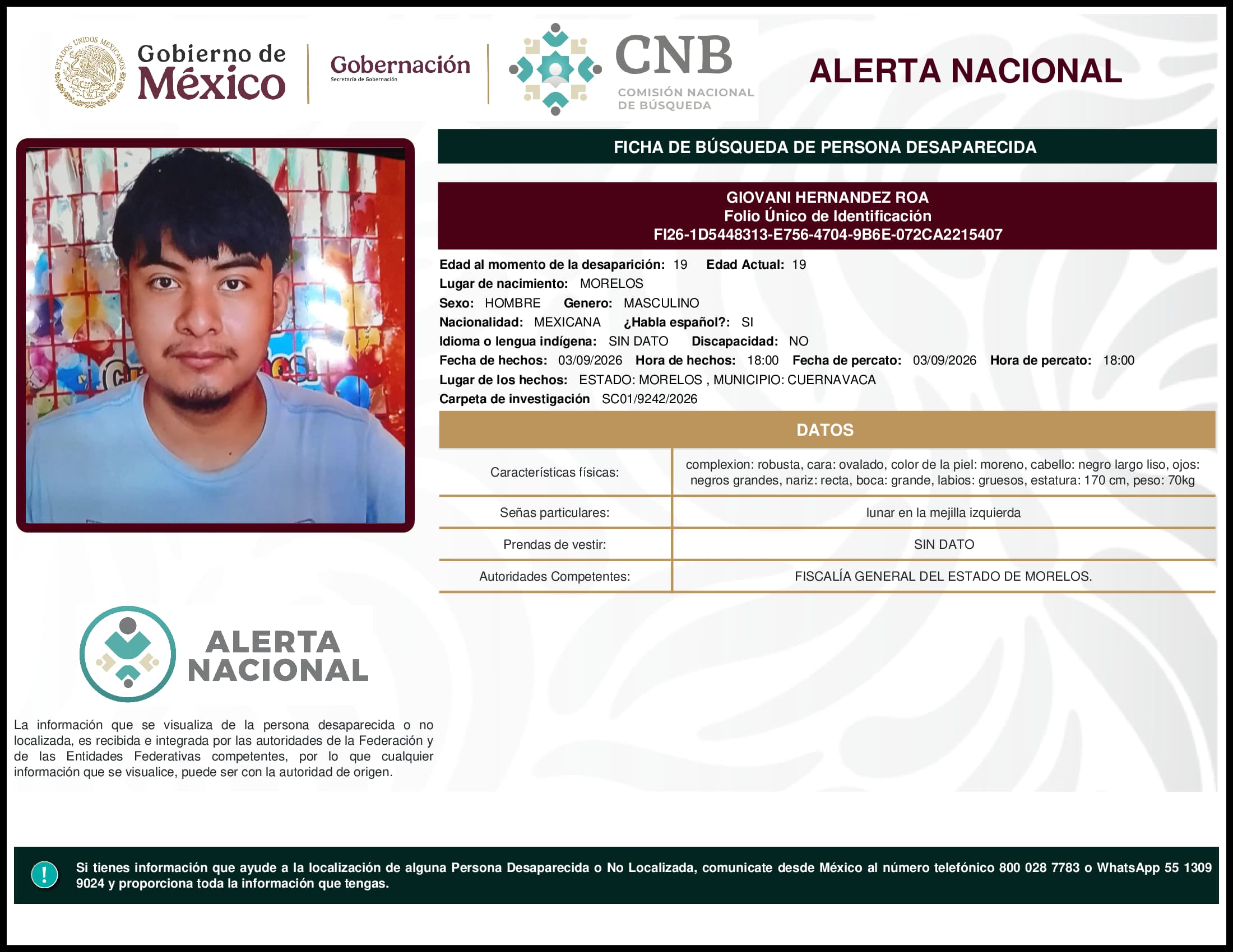 Persona desaparecida Giovani Hernandez Roa
