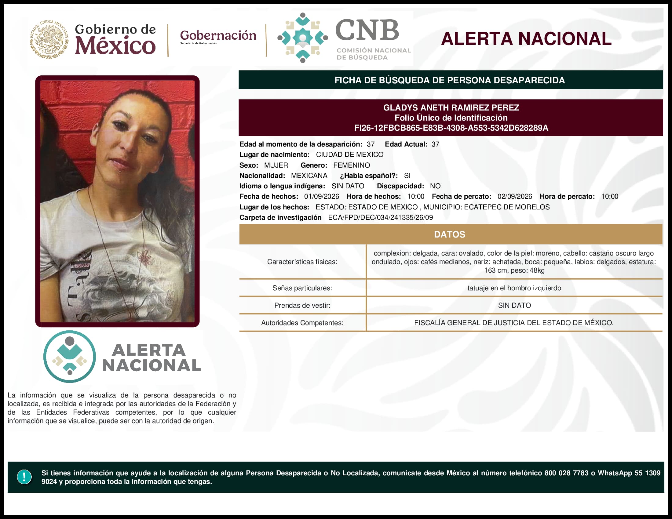 Persona desaparecida Gladys Aneth Ramirez Perez