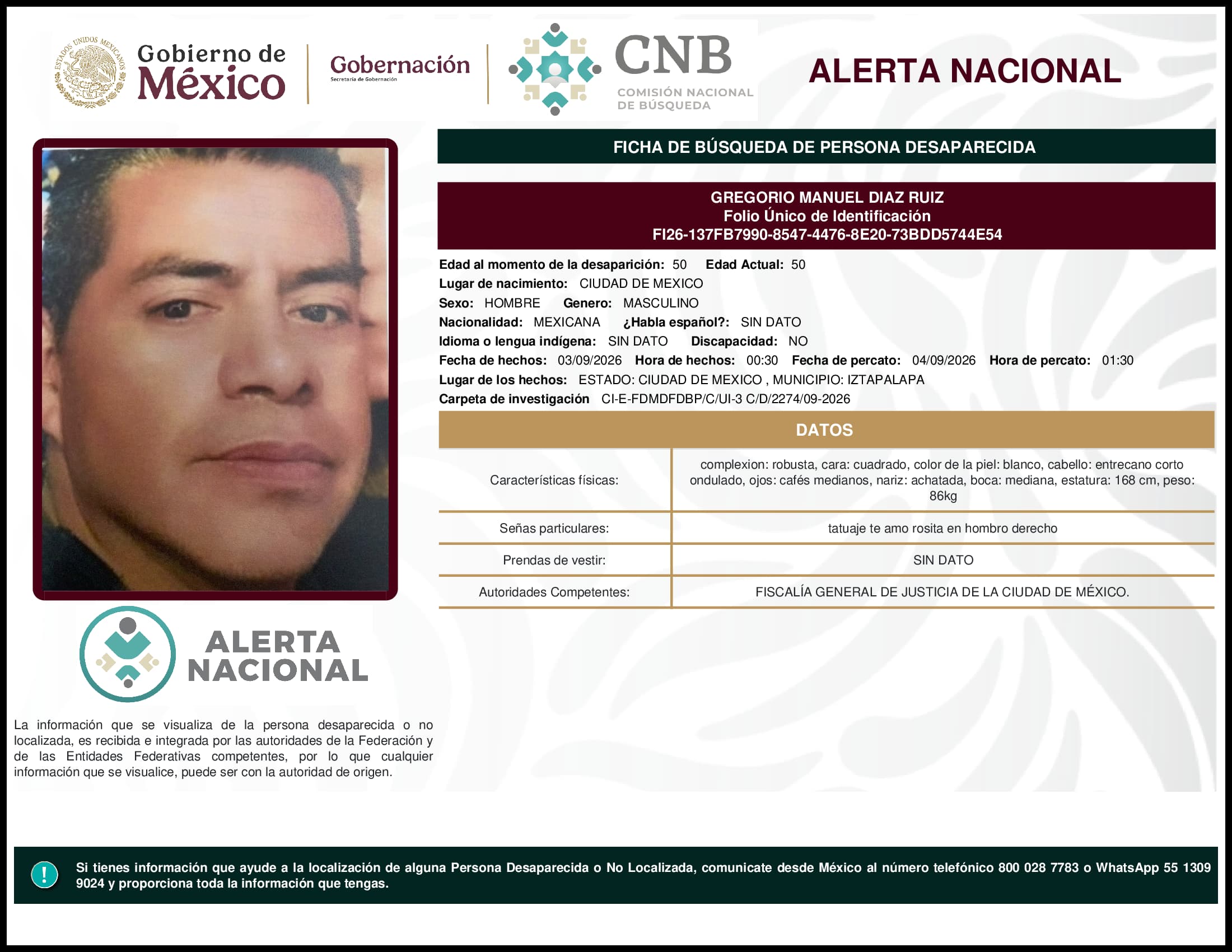 Persona desaparecida Gregorio Manuel Diaz Ruiz