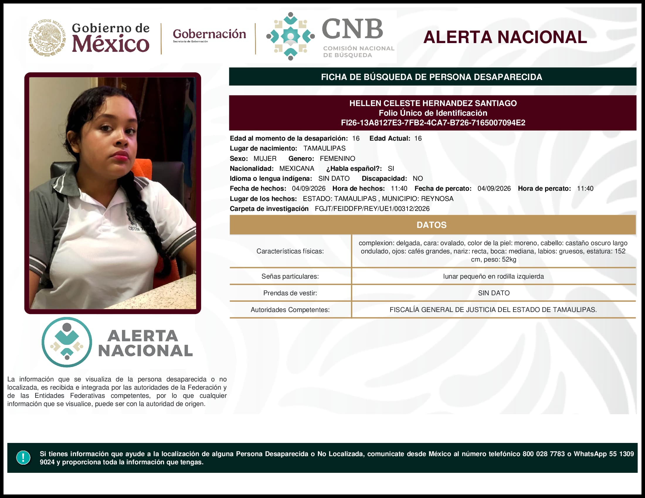 Persona desaparecida Hellen Celeste Hernandez Santiago