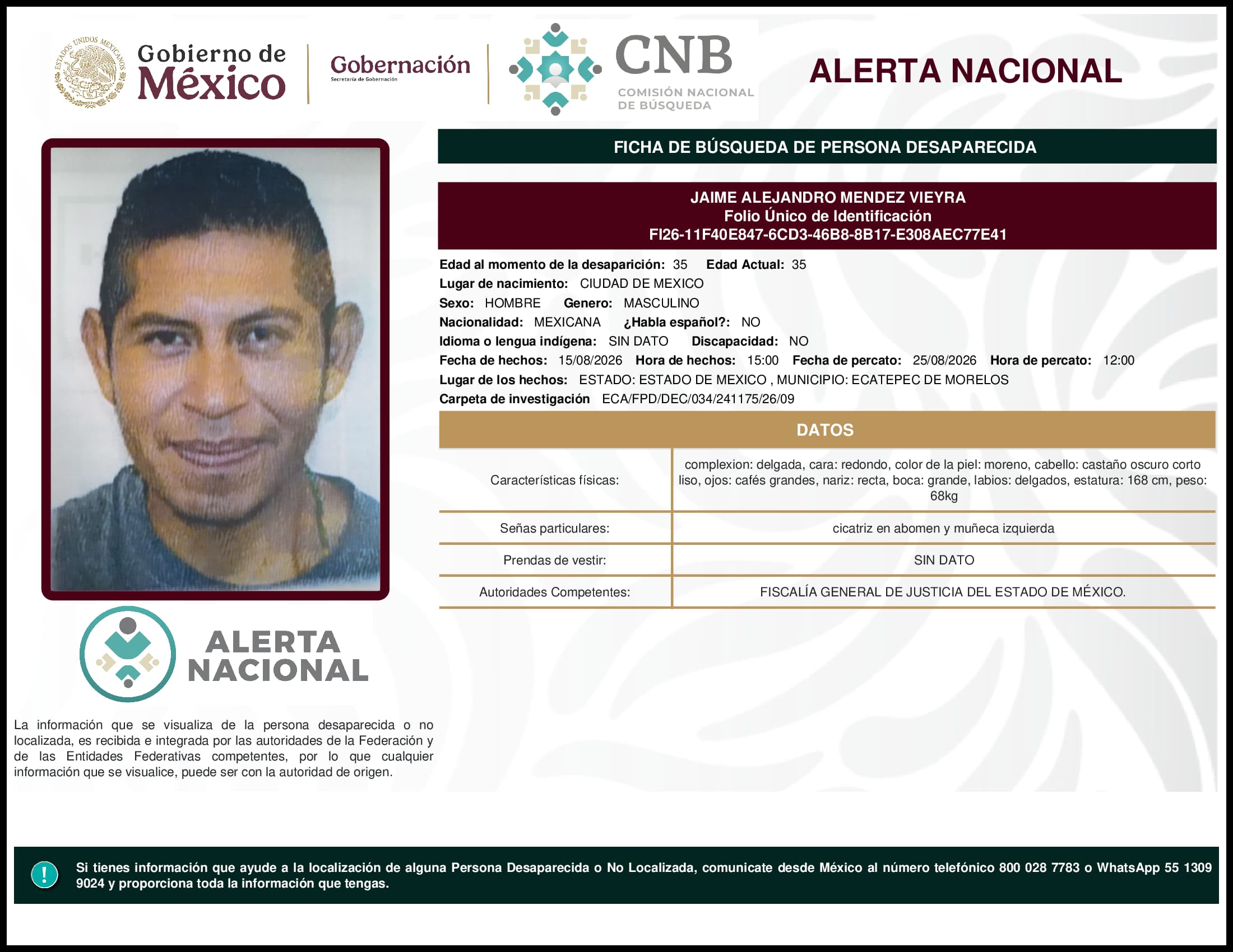 Persona desaparecida Jaime Alejandro Mendez Vieyra