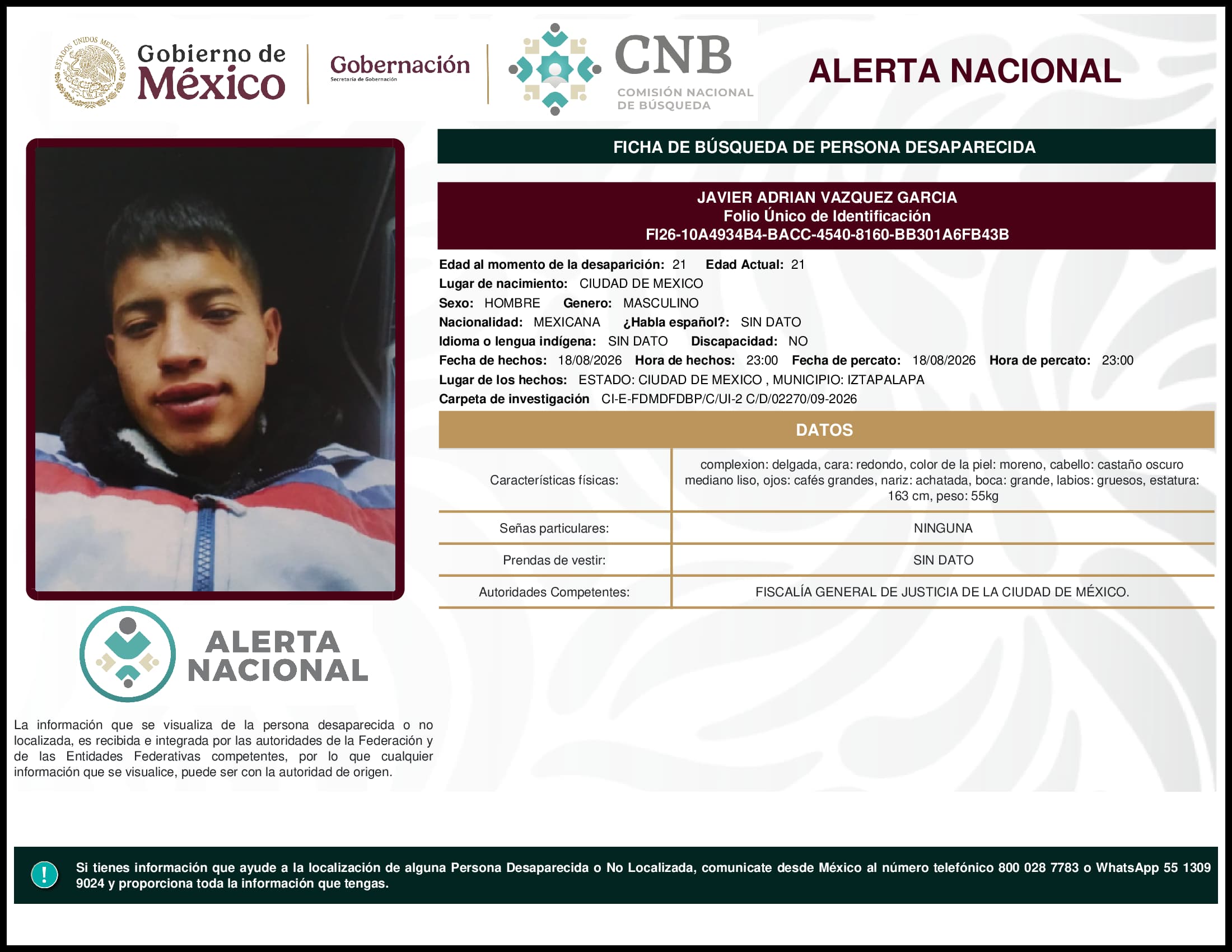 Persona desaparecida Javier Adrian Vazquez Garcia