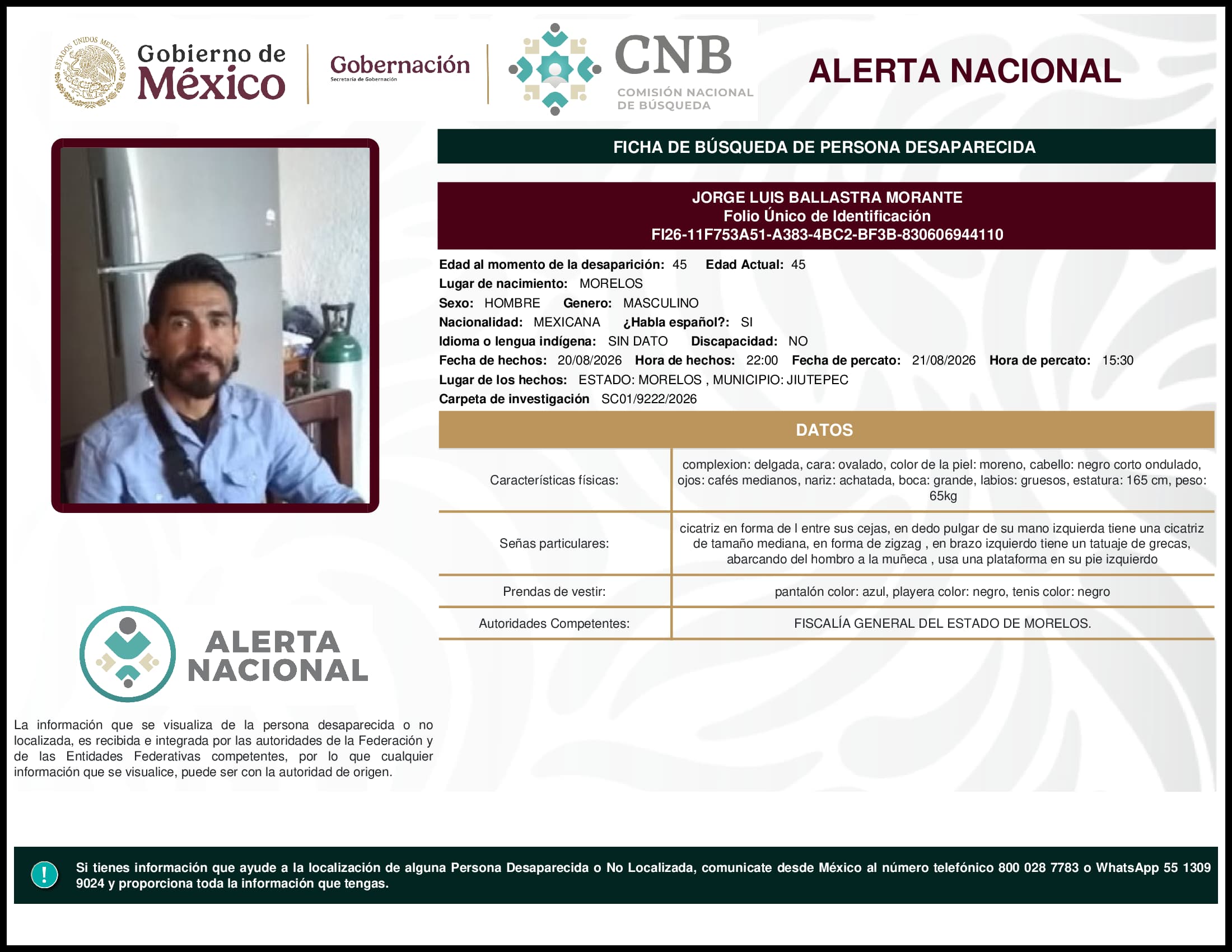 Persona desaparecida Jorge Luis Ballastra Morante