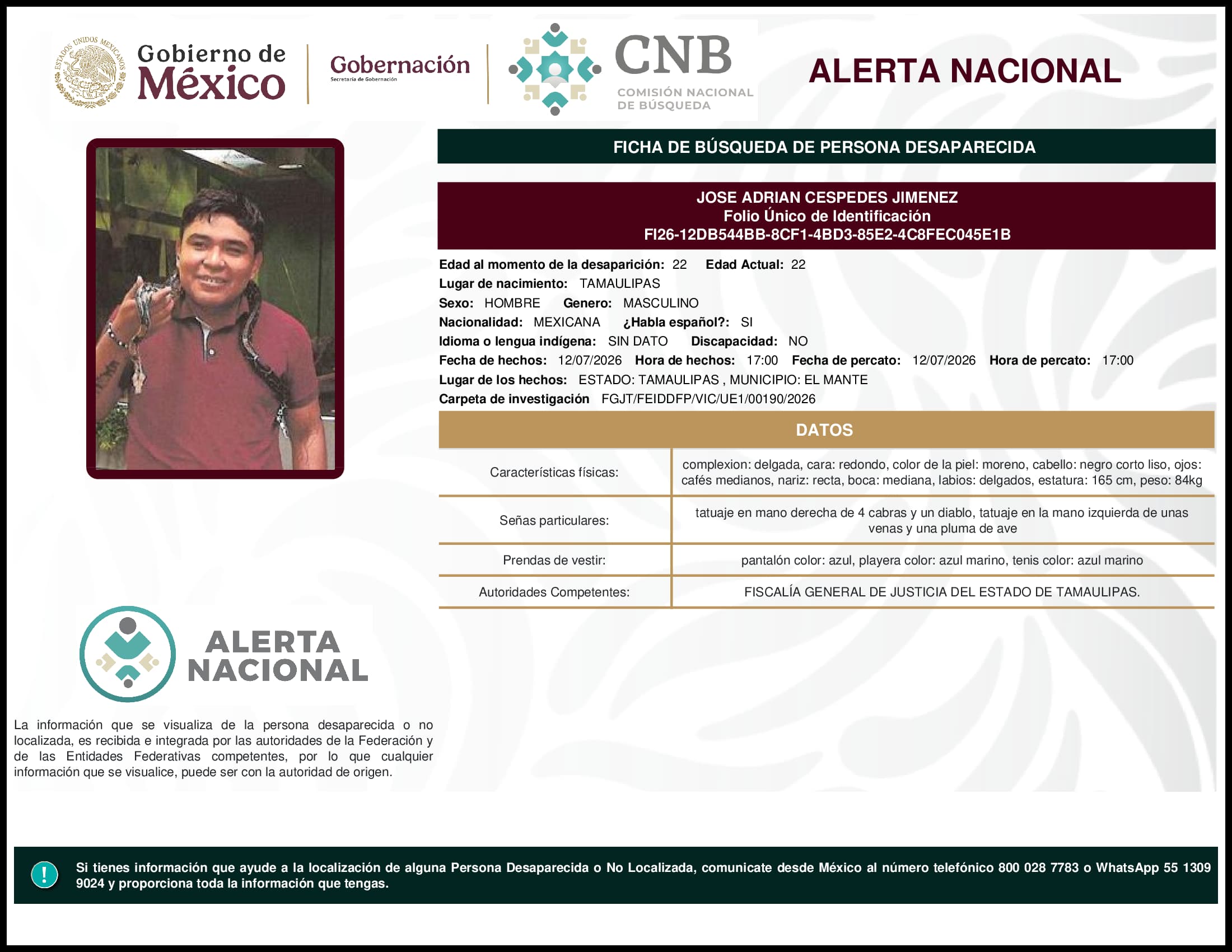 Persona desaparecida Jose Adrian Cespedes Jimenez