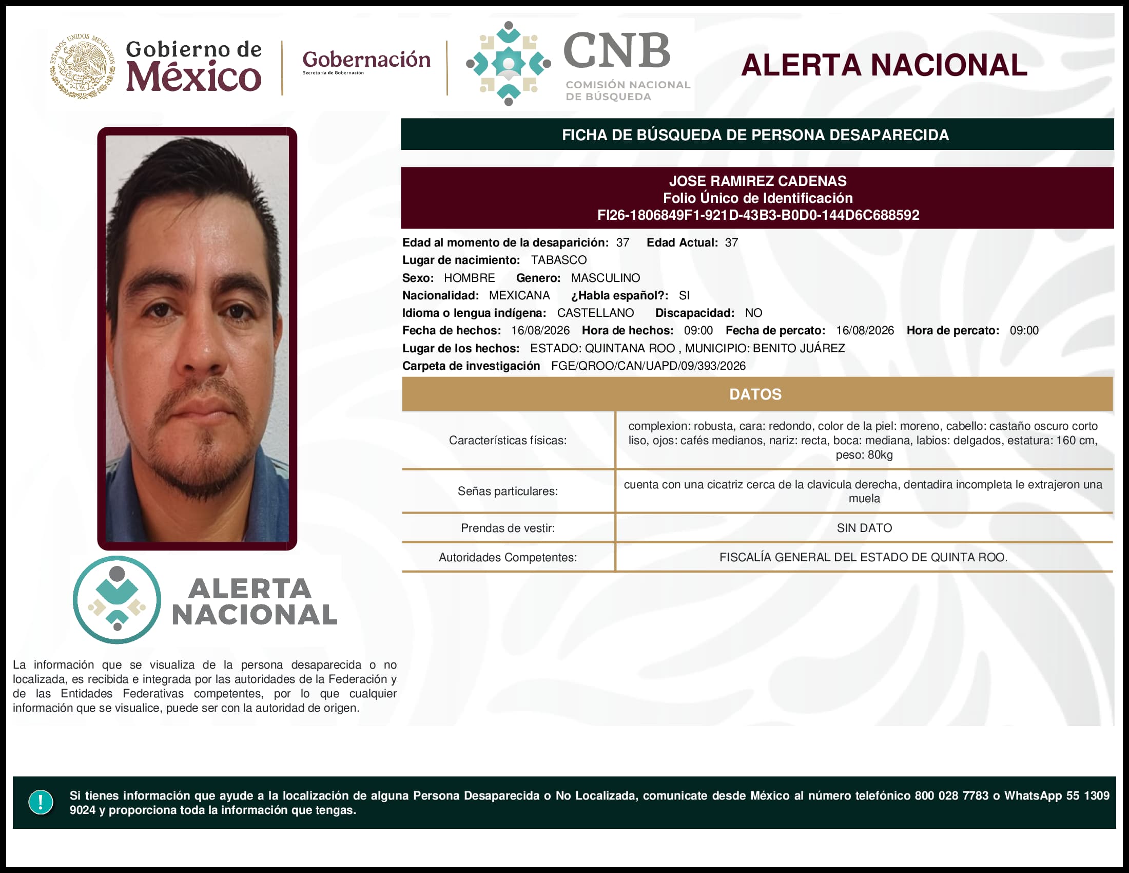 Persona desaparecida Jose Ramirez Cadenas