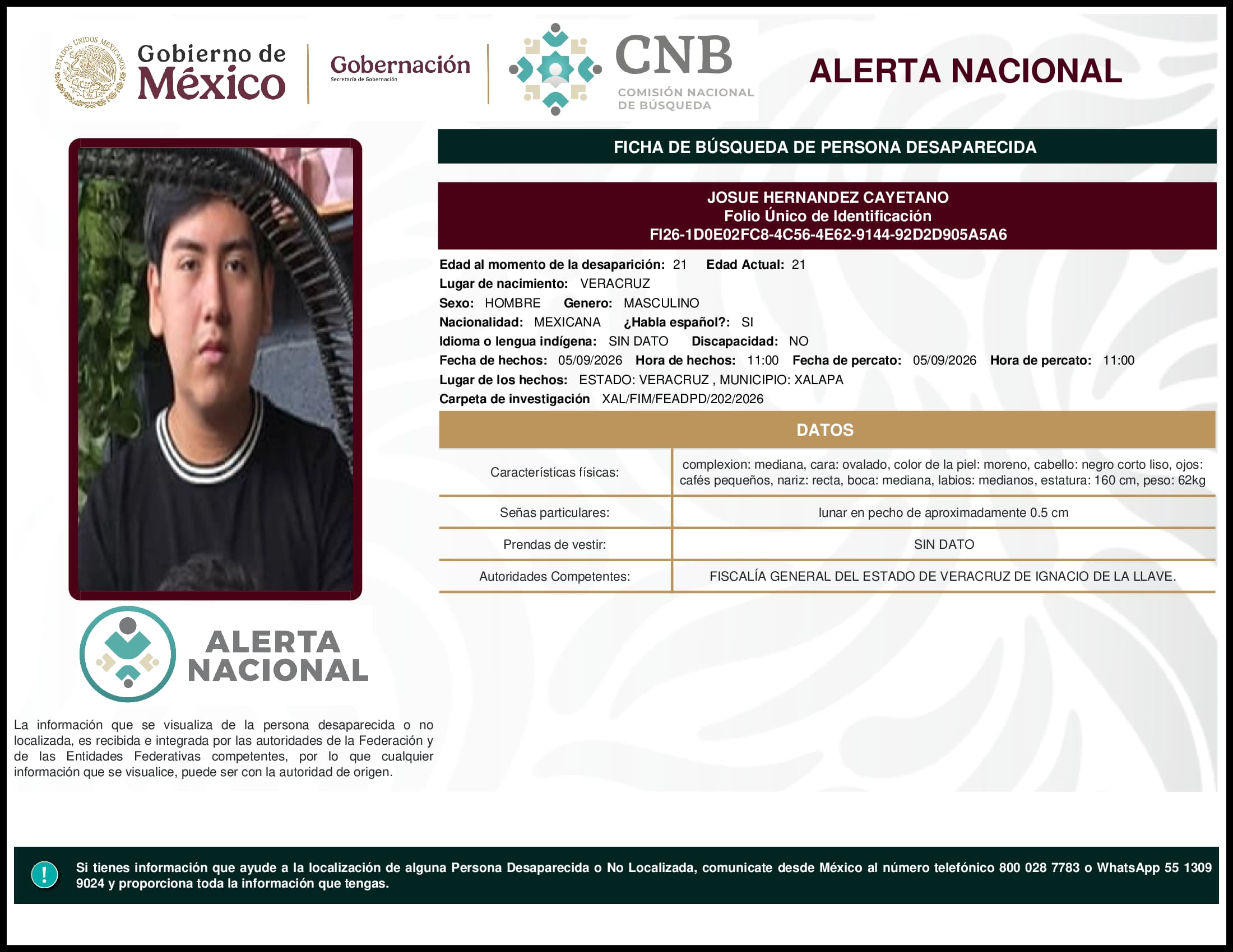 Persona desaparecida Josue Hernandez Cayetano