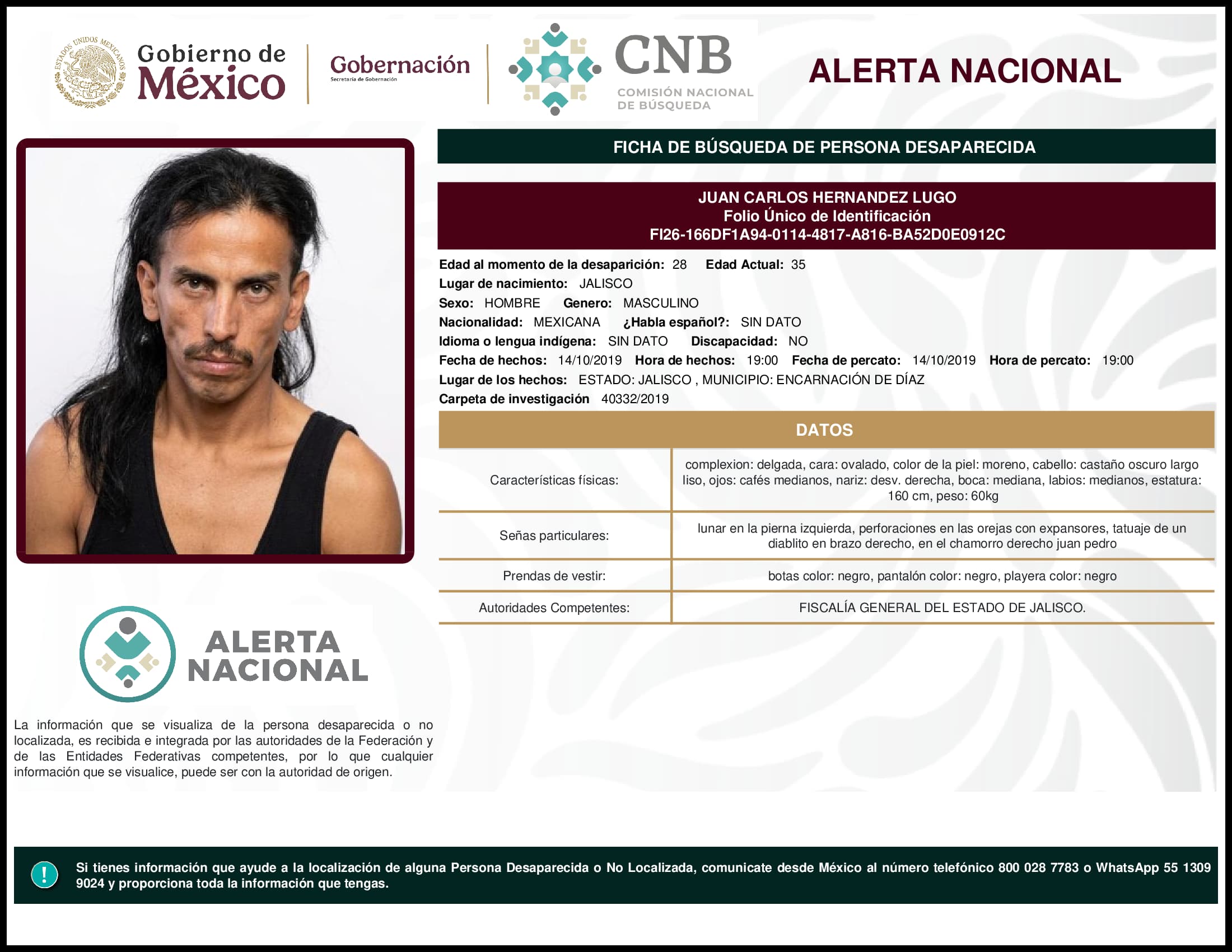 Persona desaparecida Juan Carlos Hernandez Lugo