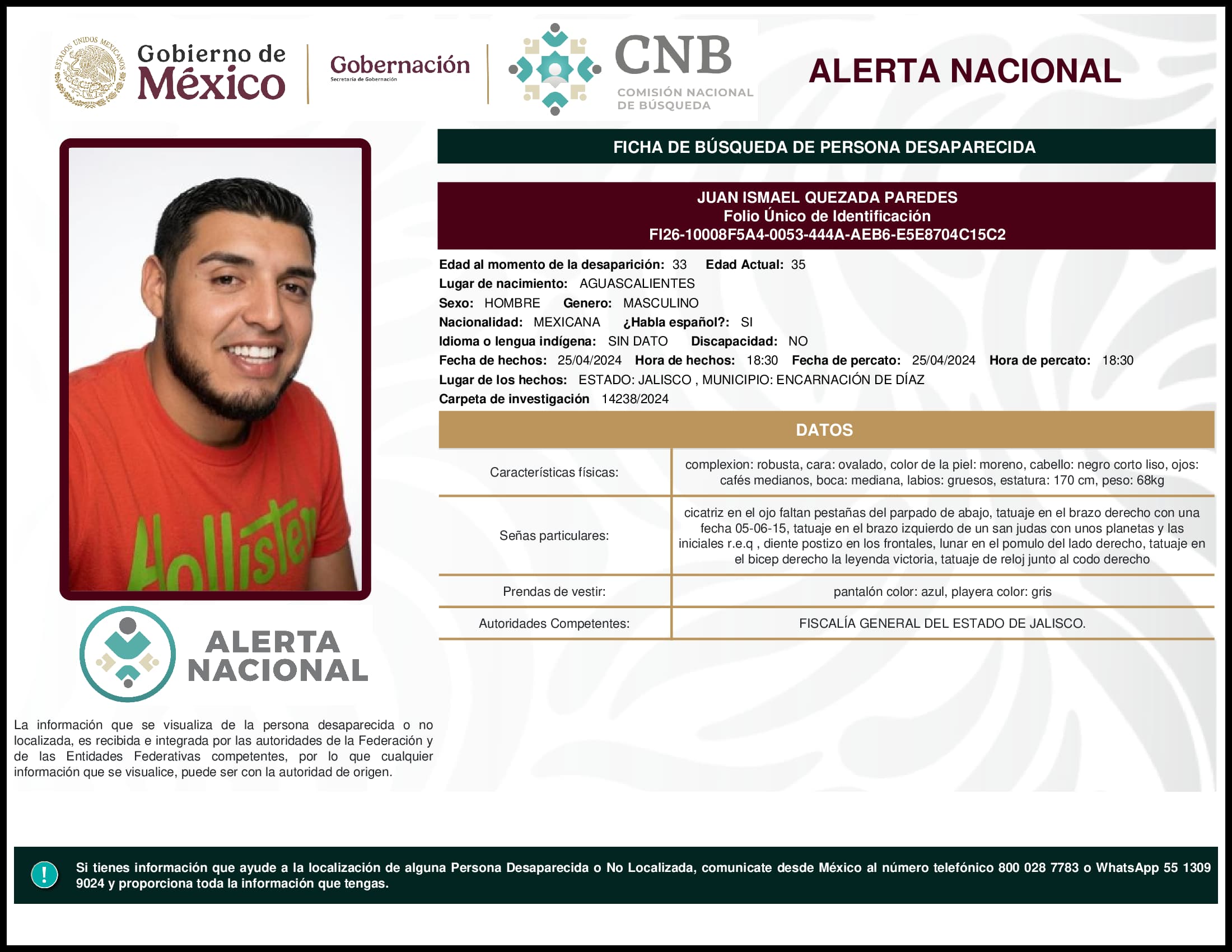 Persona desaparecida Juan Ismael Quezada Paredes