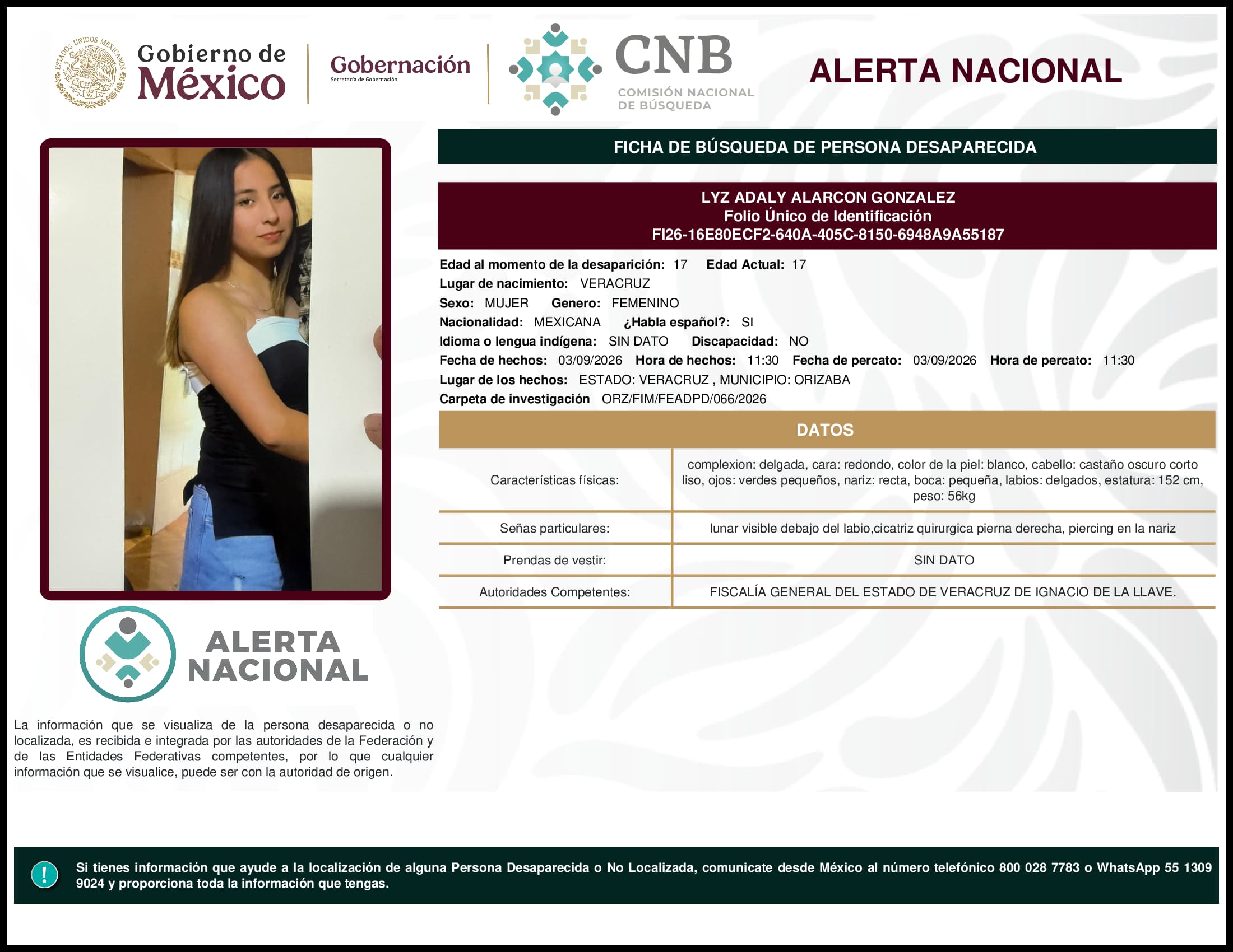 Persona desaparecida Lyz Adaly Alarcon Gonzalez