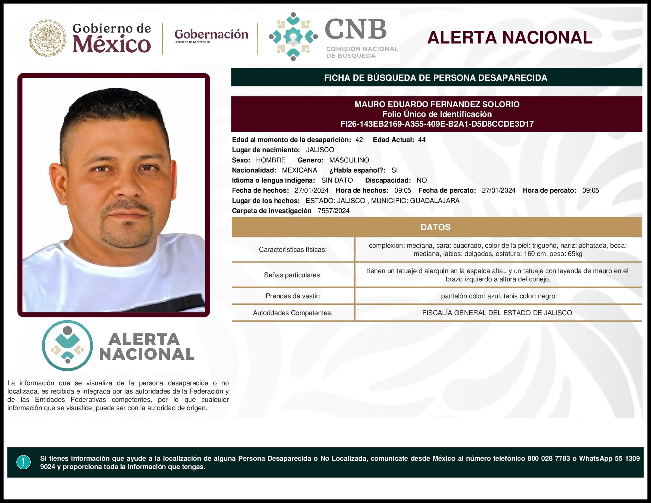 Persona desaparecida Mauro Eduardo Fernandez Solorio