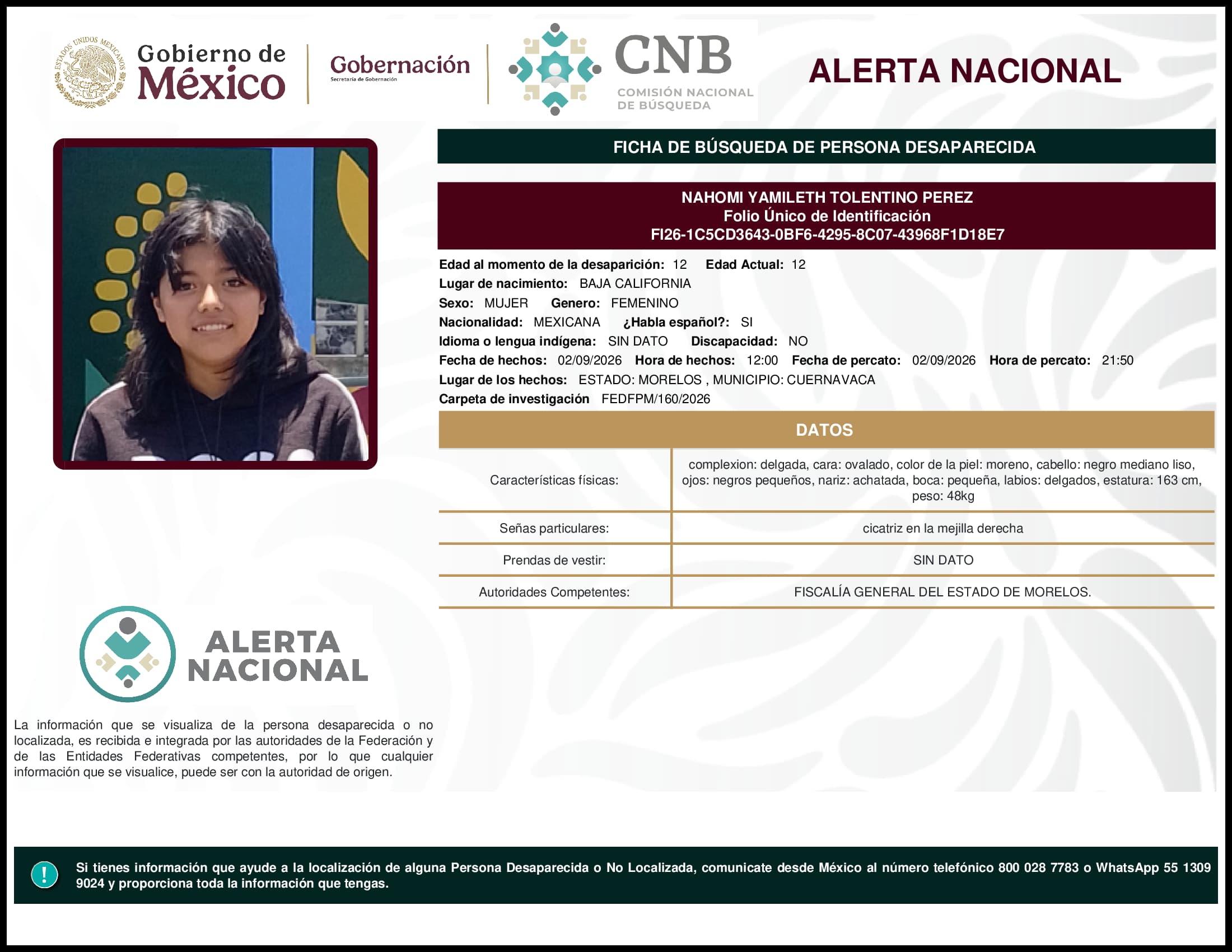 Persona desaparecida Nahomi Yamileth Tolentino Perez