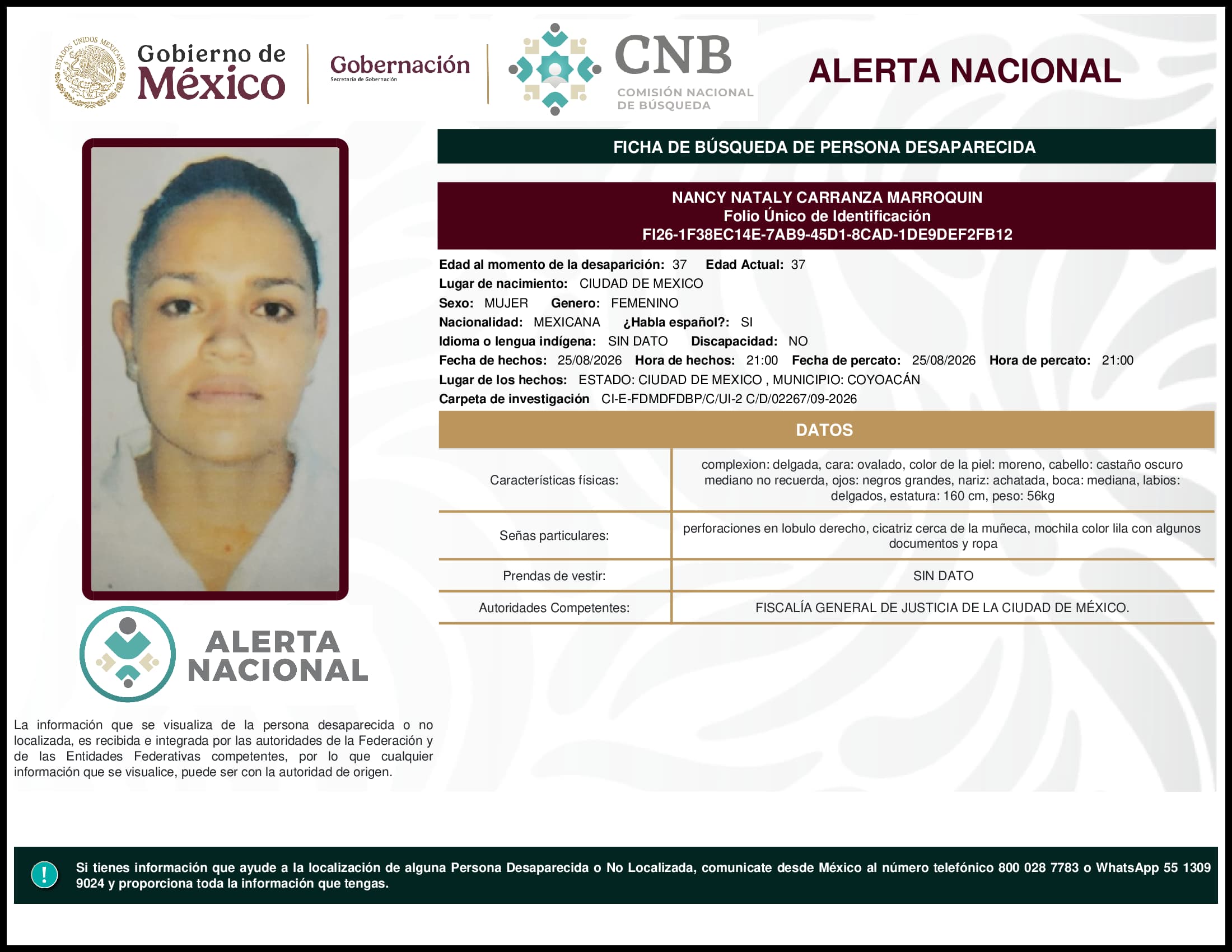 Persona desaparecida Nancy Nataly Carranza Marroquin