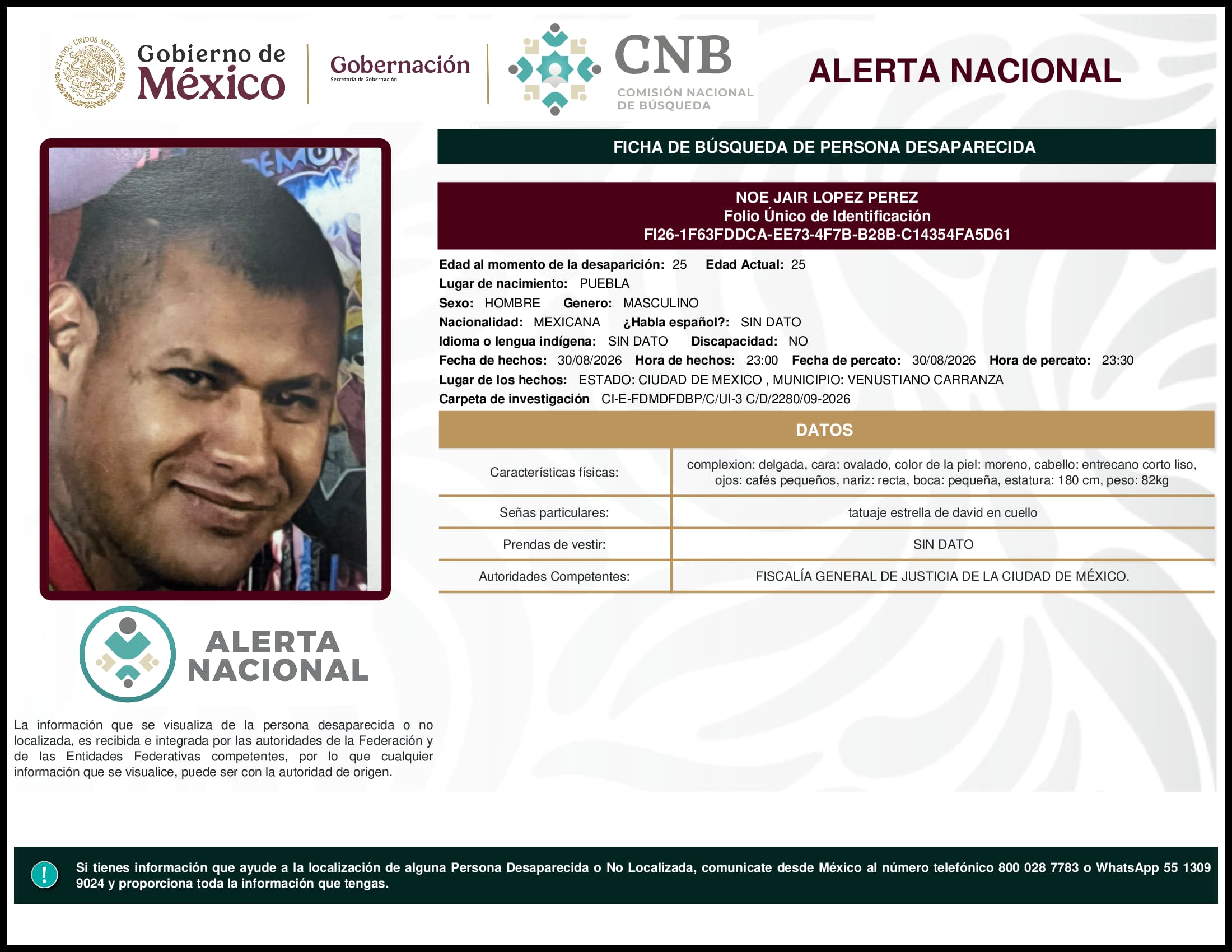 Persona desaparecida Noe Jair Lopez Perez
