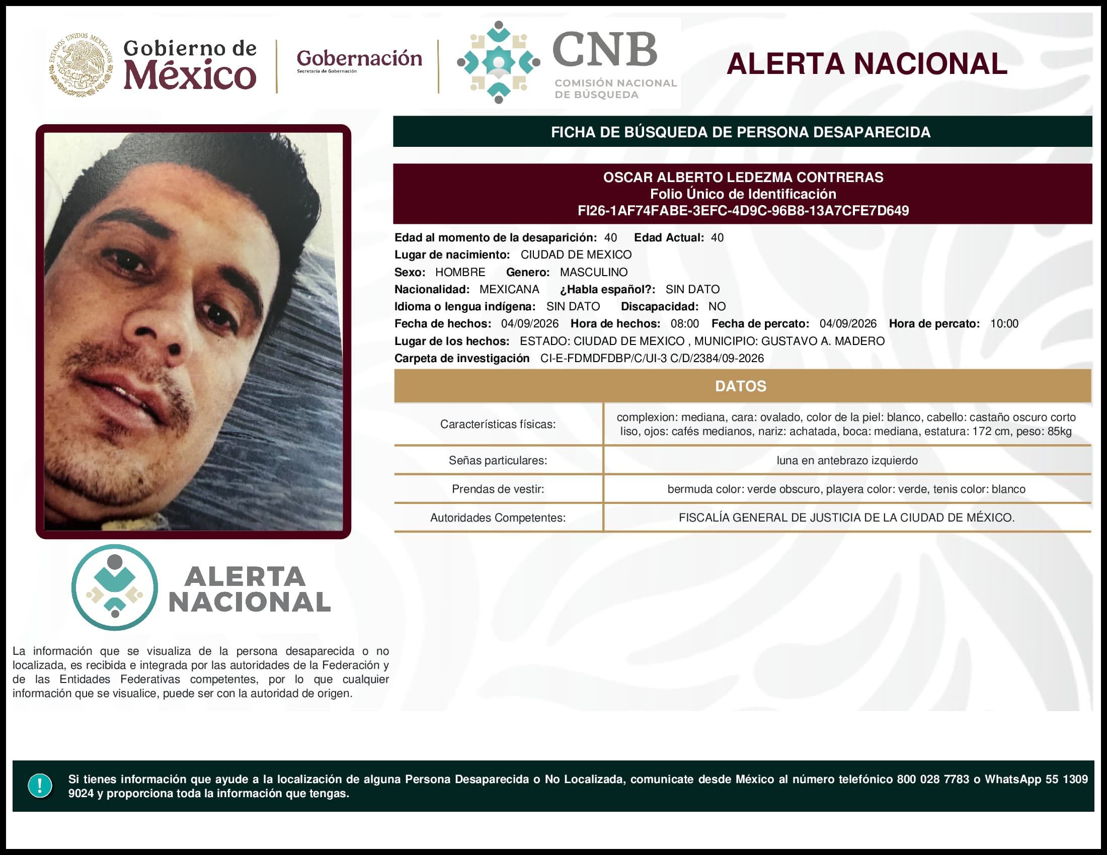Persona desaparecida Oscar Alberto Ledezma Contreras