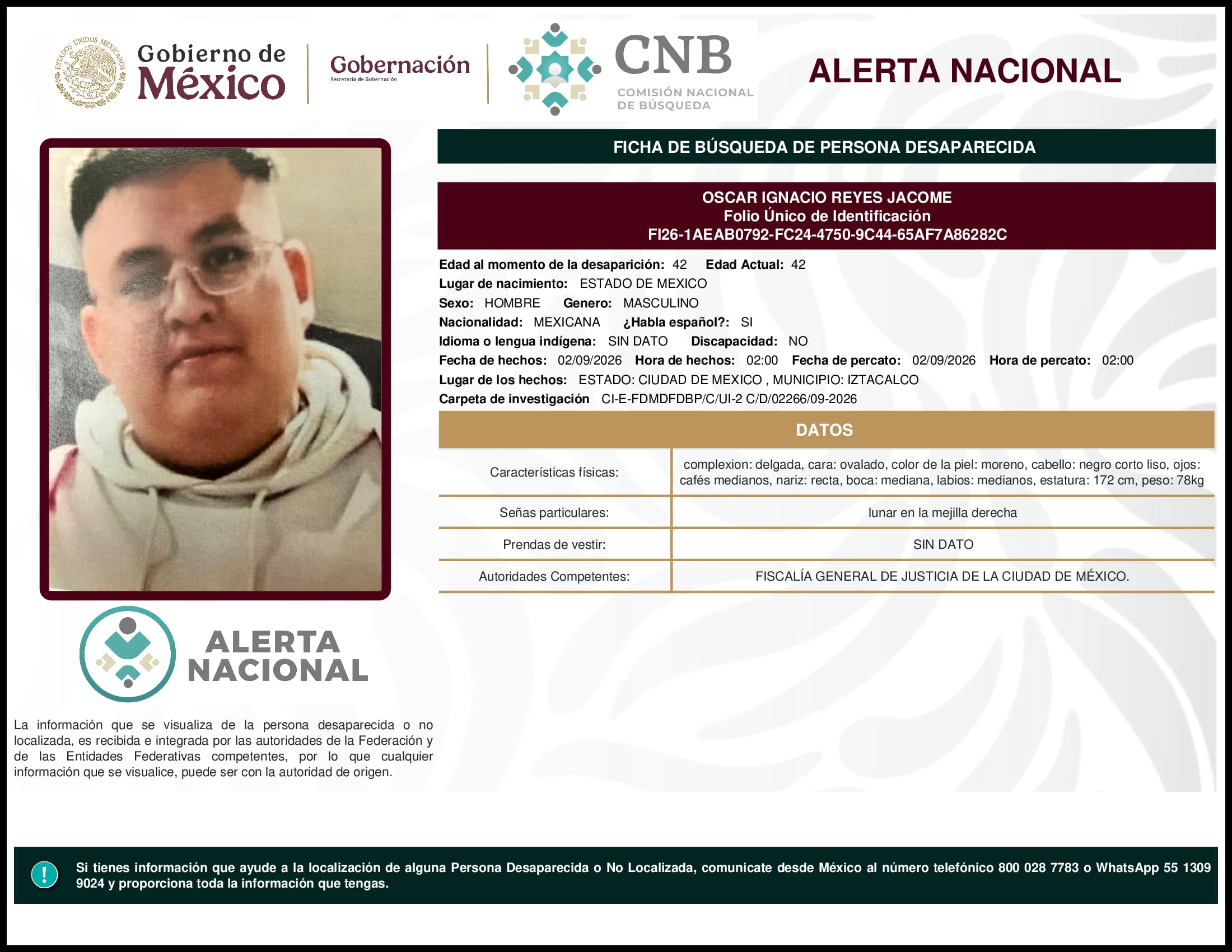 Persona desaparecida Oscar Ignacio Reyes Jacome