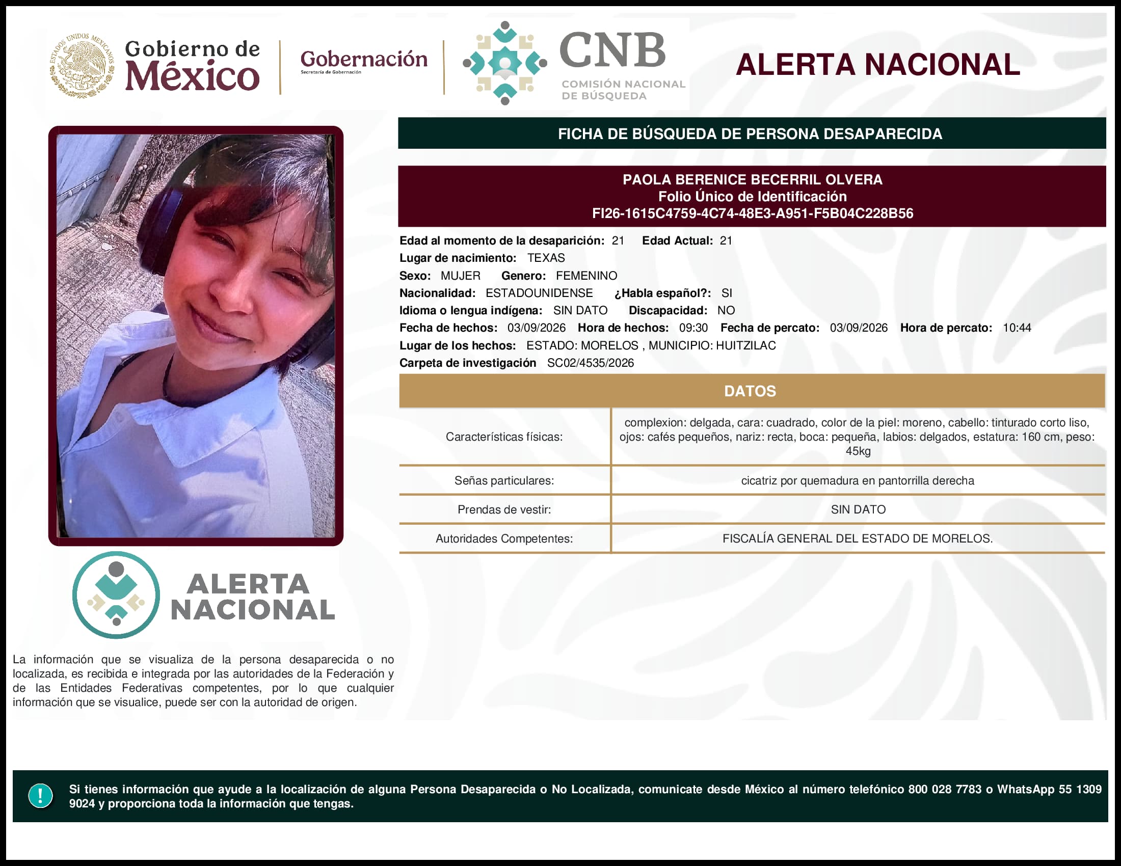 Persona desaparecida Paola Berenice Becerril Olvera