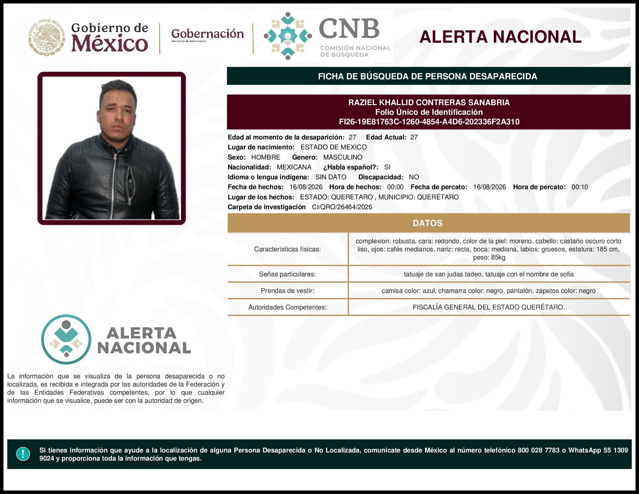 Persona desaparecida Raziel Khallid Contreras Sanabria