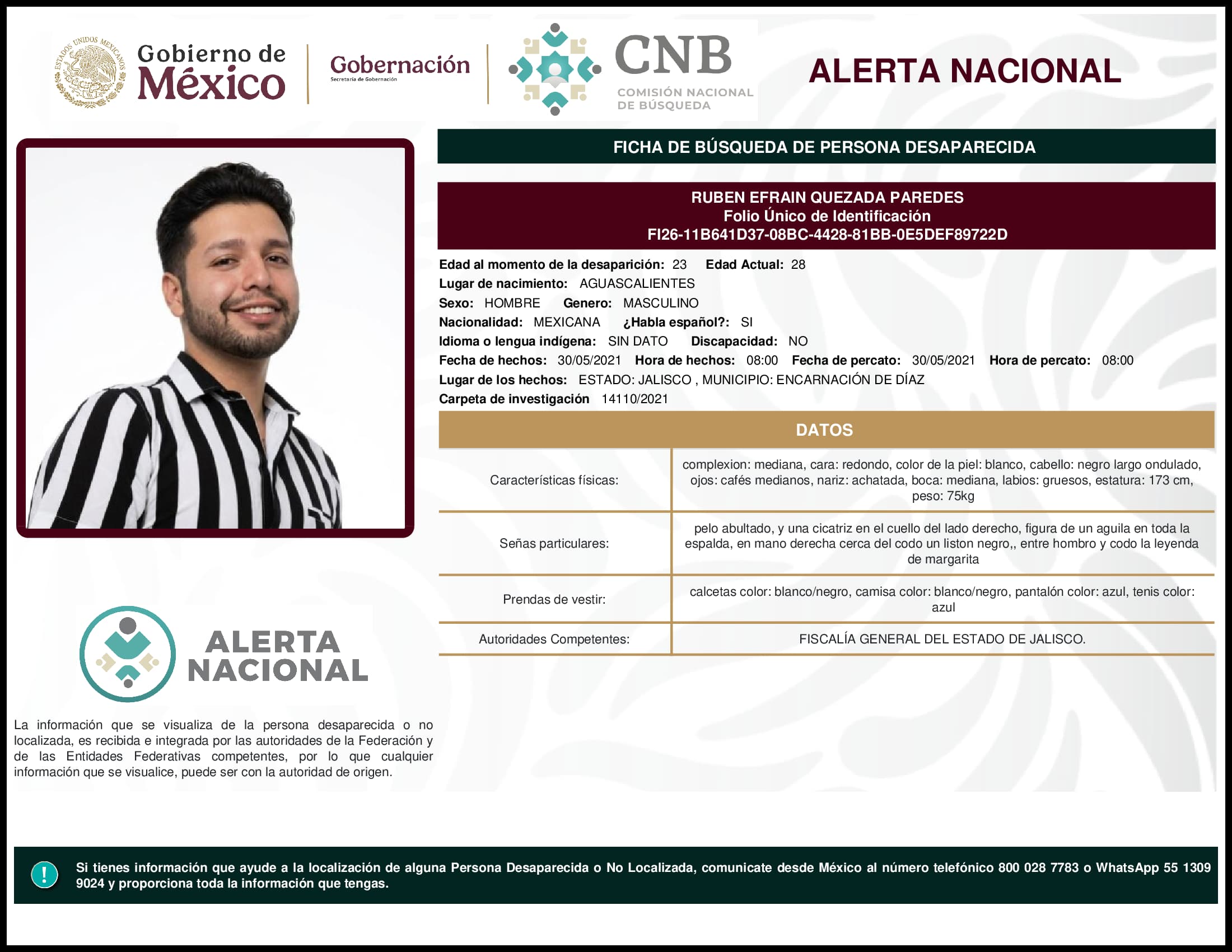 Persona desaparecida Ruben Efrain Quezada Paredes
