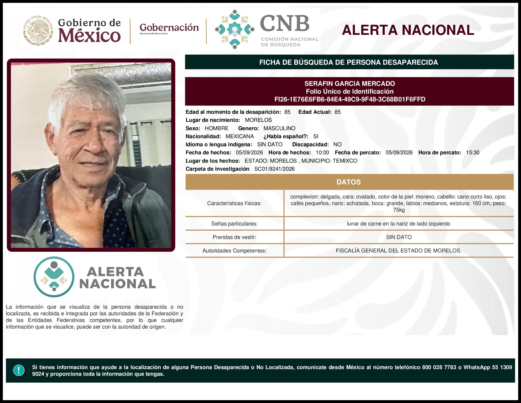 Persona desaparecida Serafin Garcia Mercado