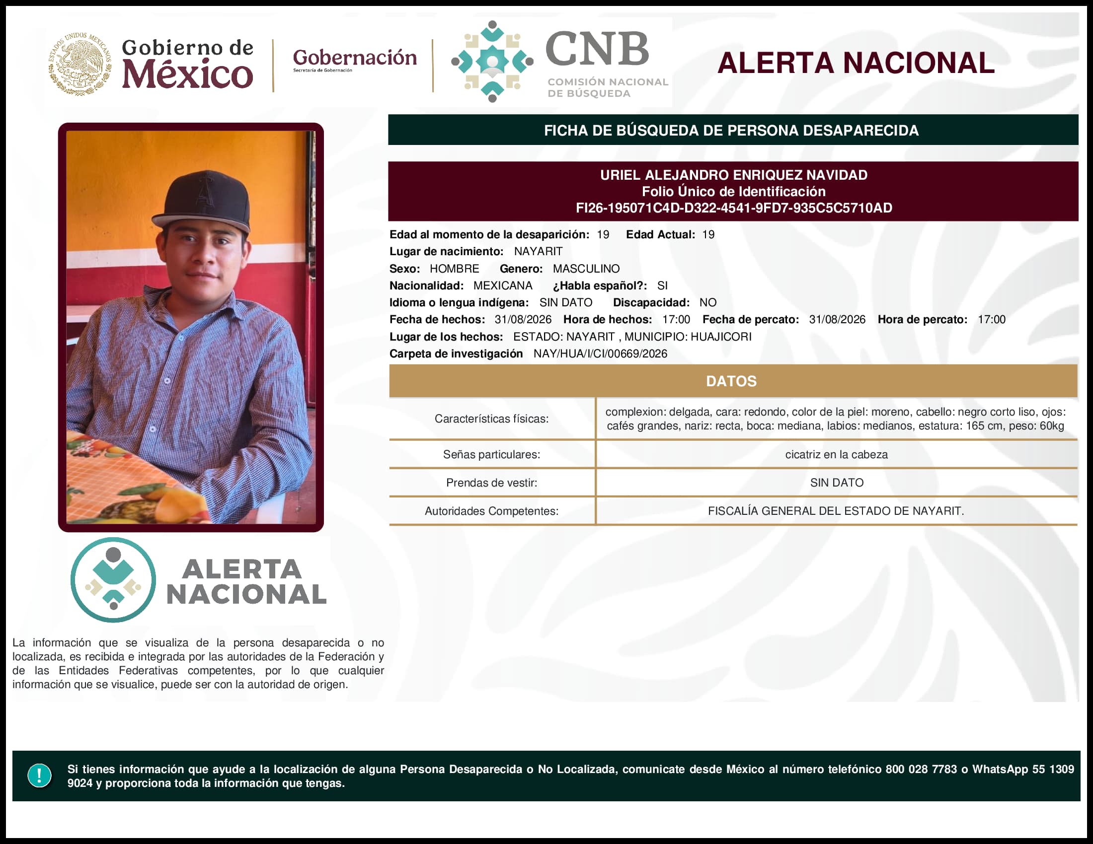 Persona desaparecida Uriel Alejandro Enriquez Navidad