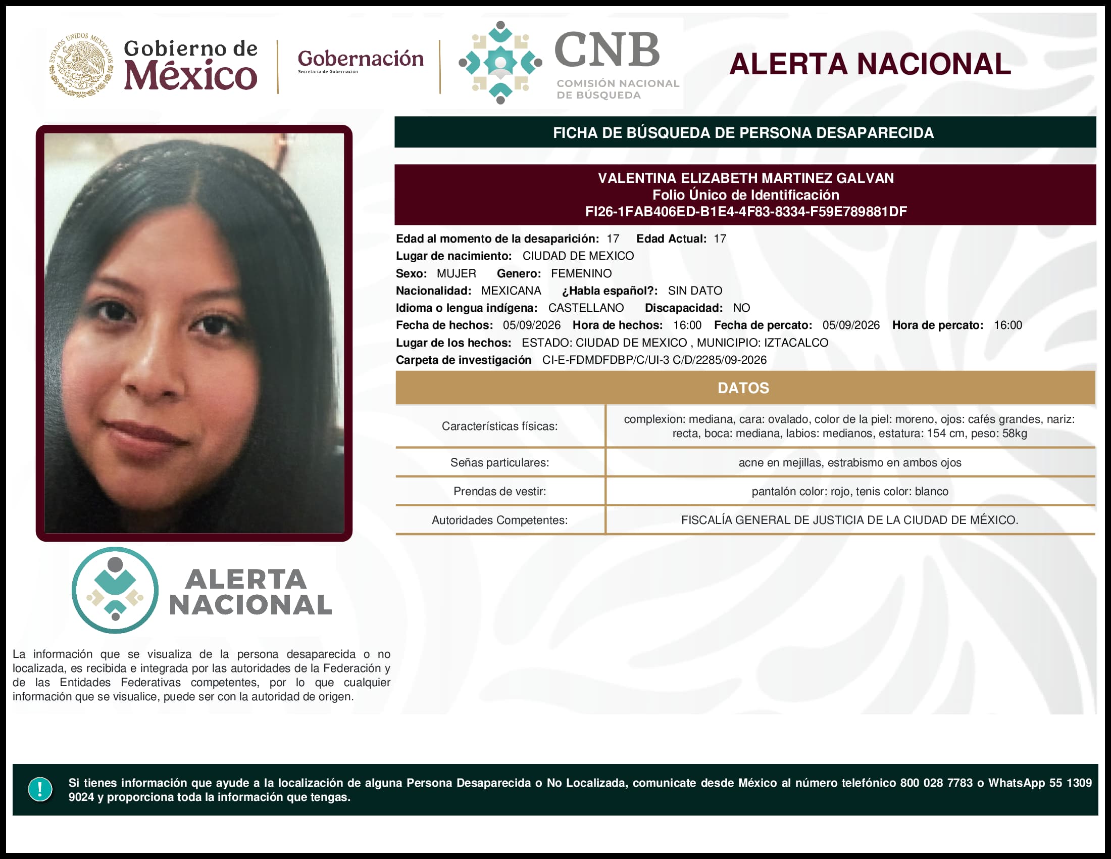 Persona desaparecida Valentina Elizabeth Martinez Galvan