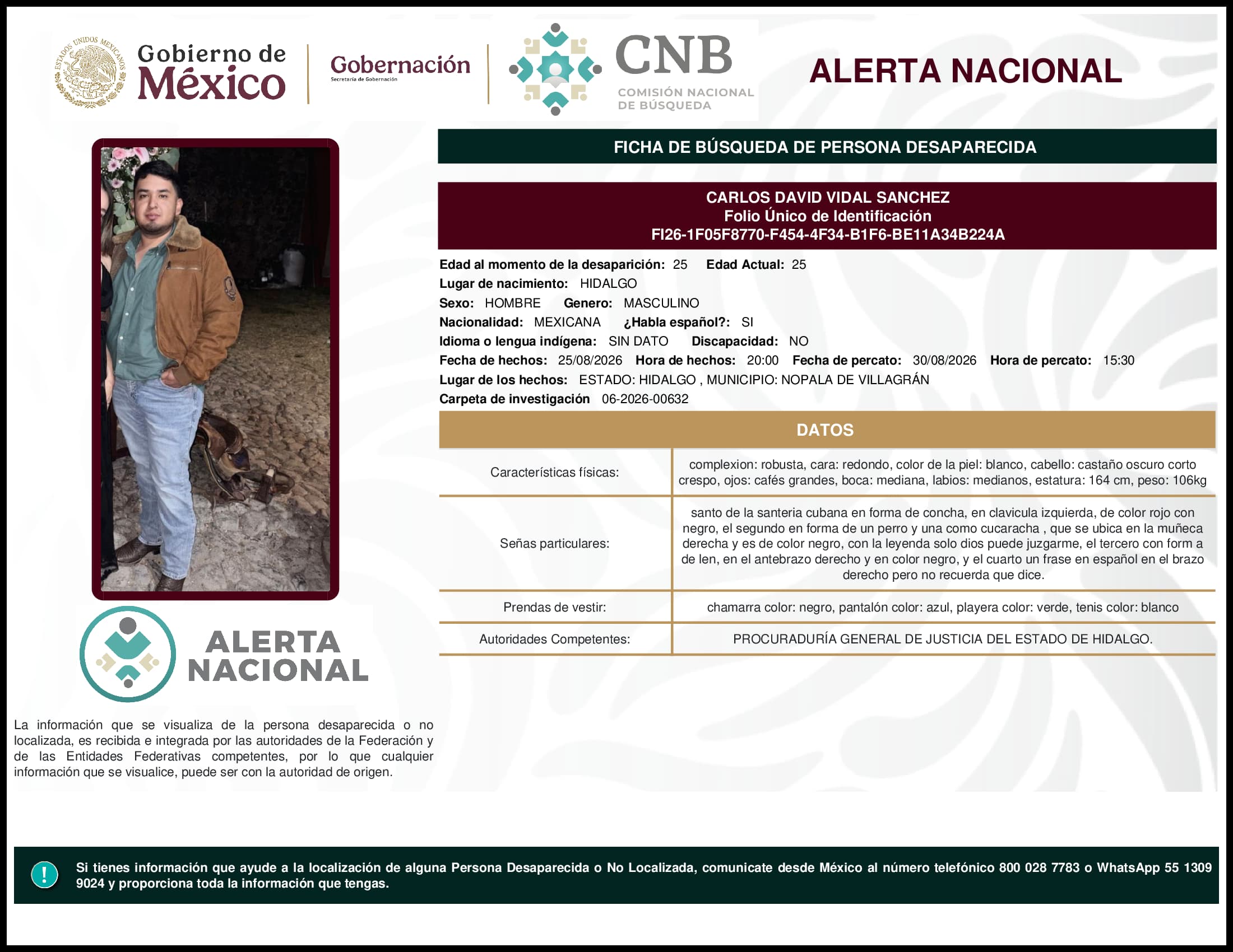Persona desaparecida Carlos David Vidal Sanchez