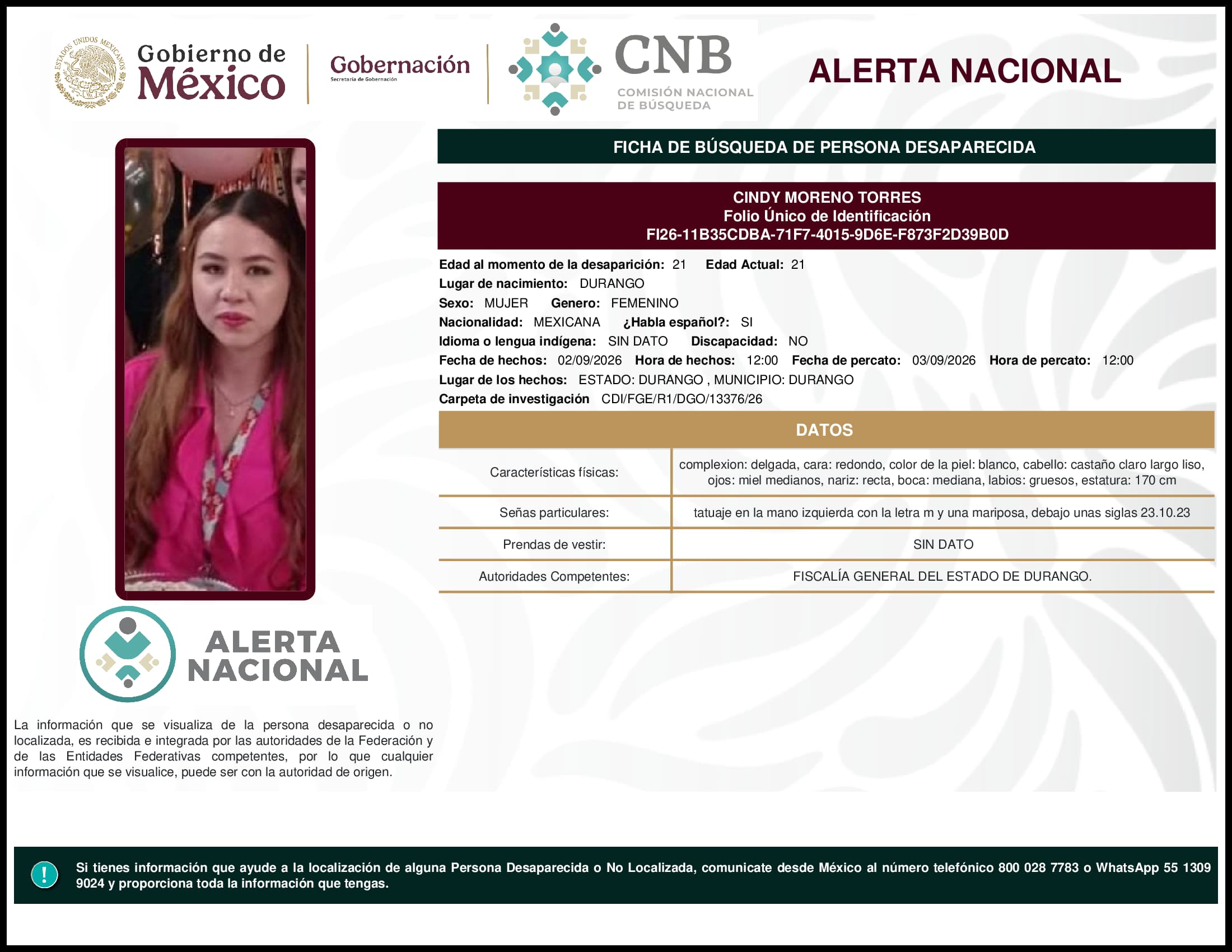 Persona desaparecida Cindy Moreno Torres