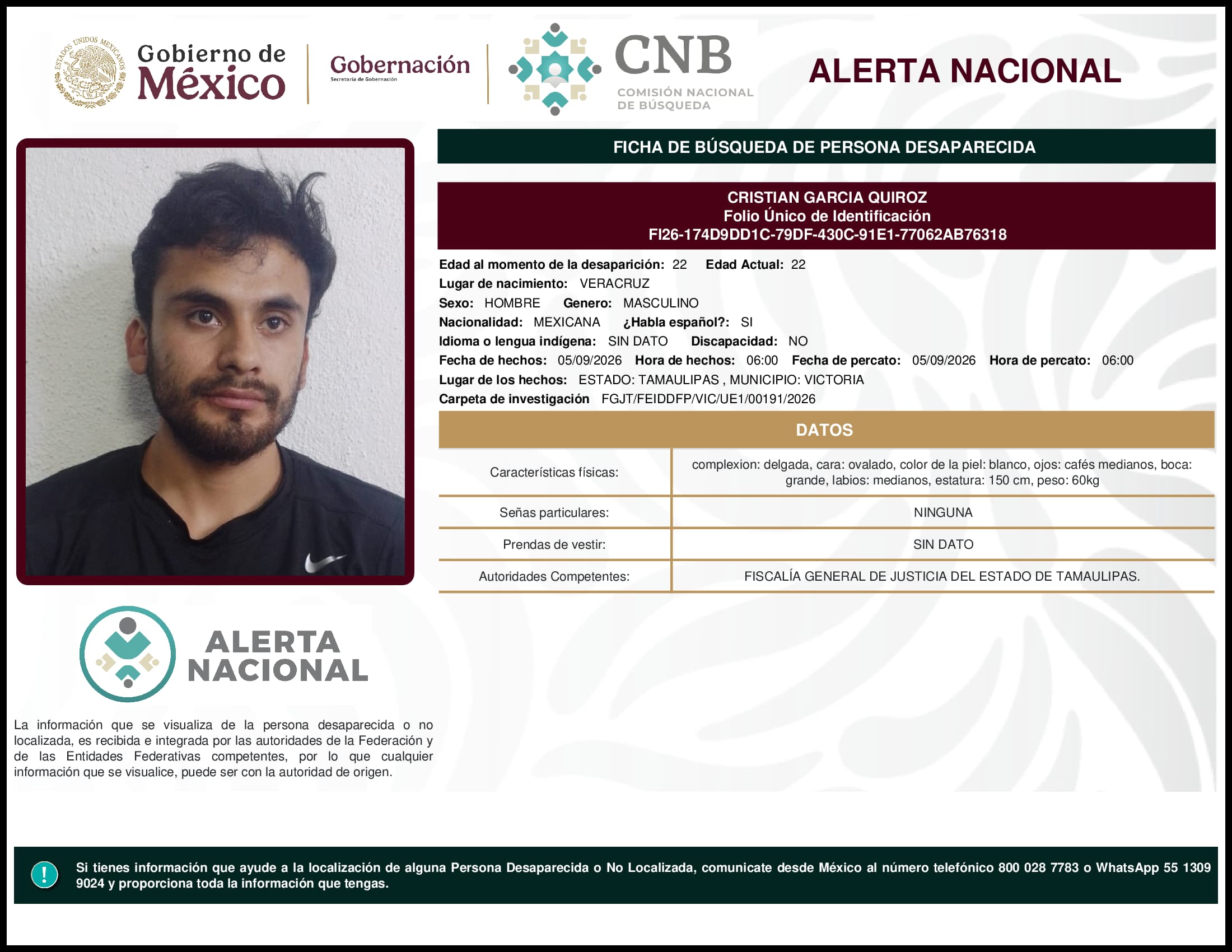 Persona desaparecida Cristian Garcia Quiroz