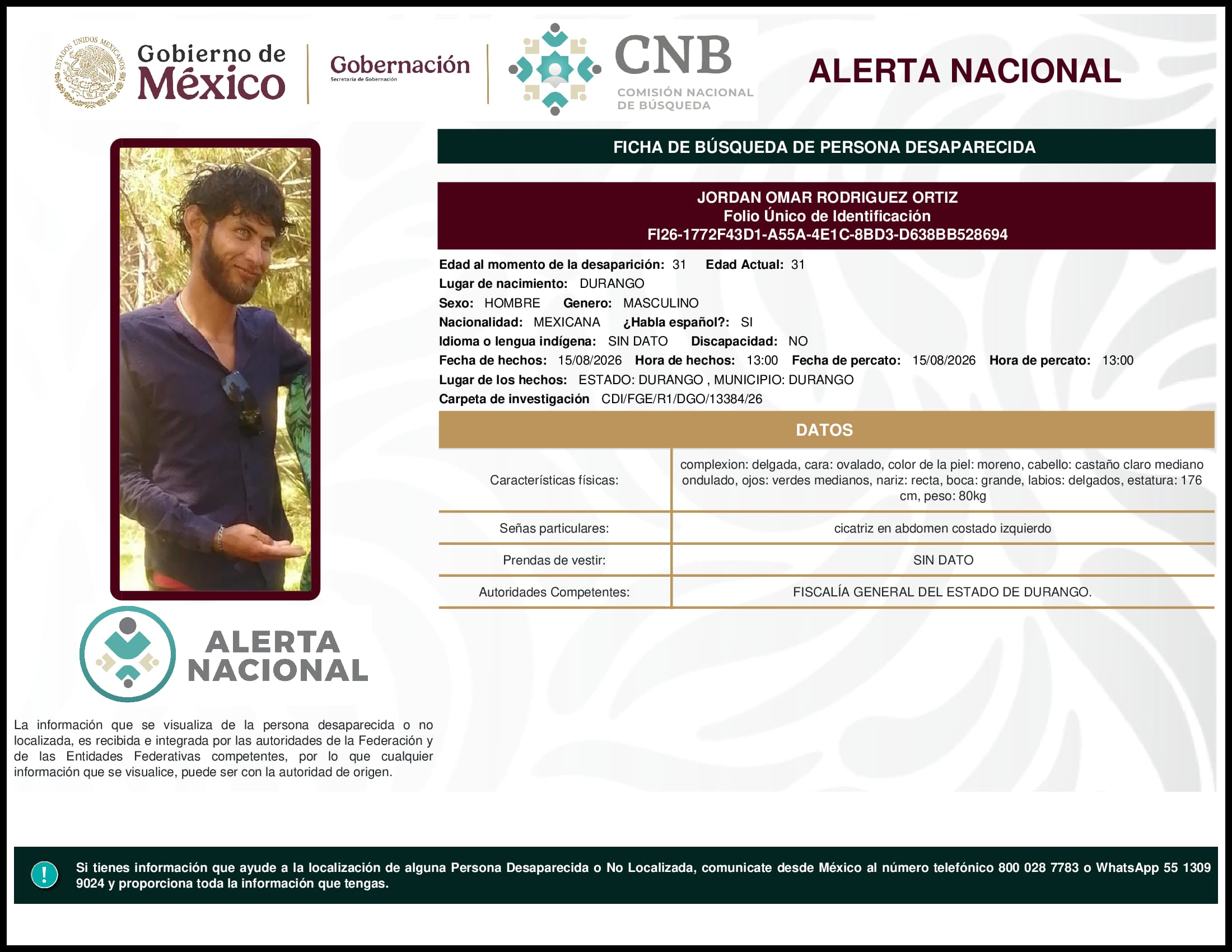 Persona desaparecida Jordan Omar Rodriguez Ortiz