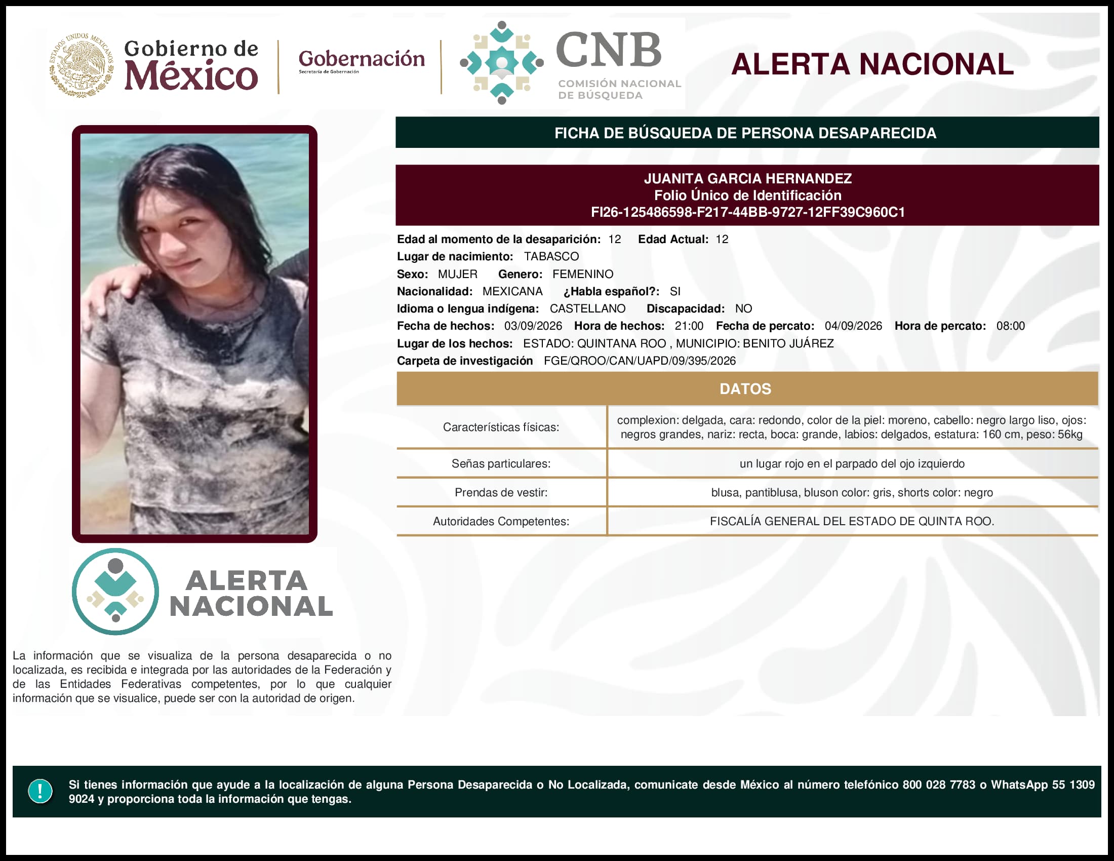 Persona desaparecida Juanita Garcia Hernandez