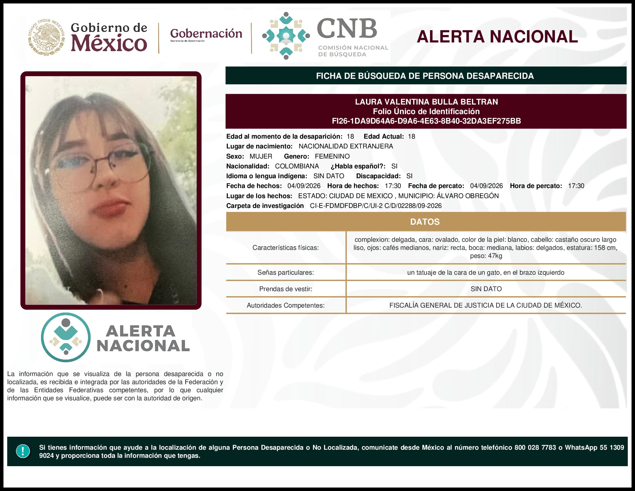 Persona desaparecida Laura Valentina Bulla Beltran