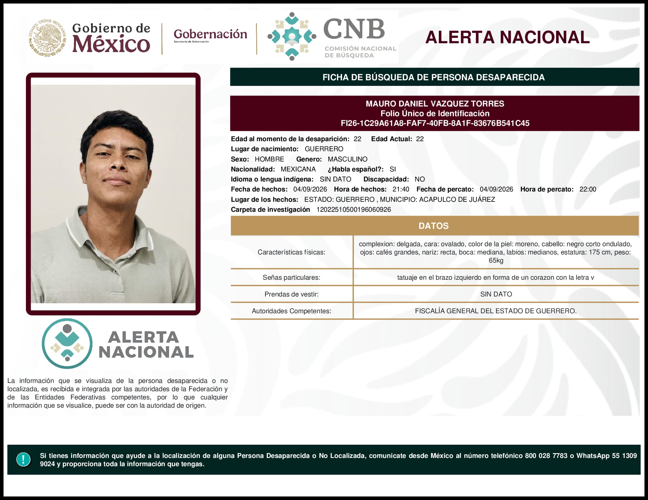 Persona desaparecida Mauro Daniel Vazquez Torres