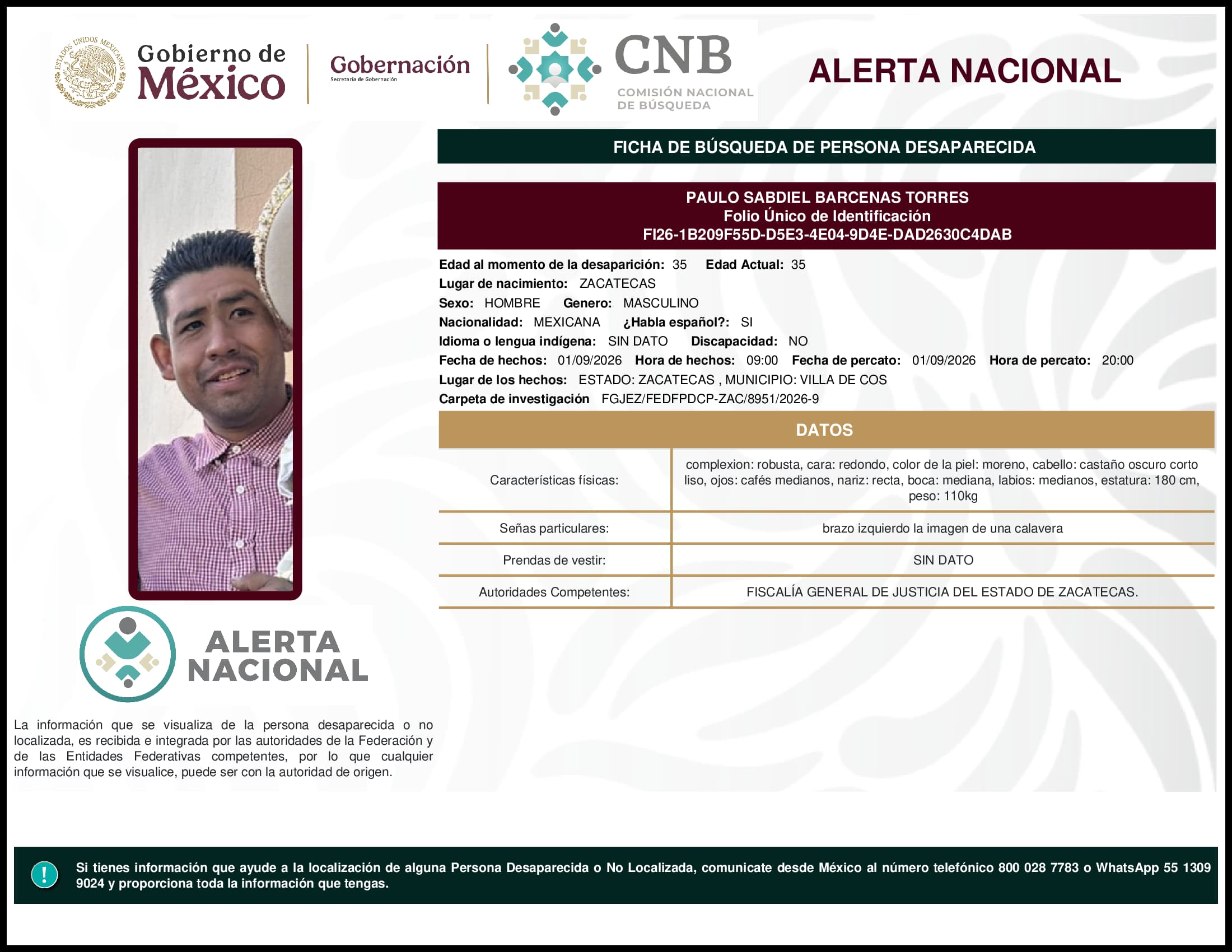 Persona desaparecida Paulo Sabdiel Barcenas Torres