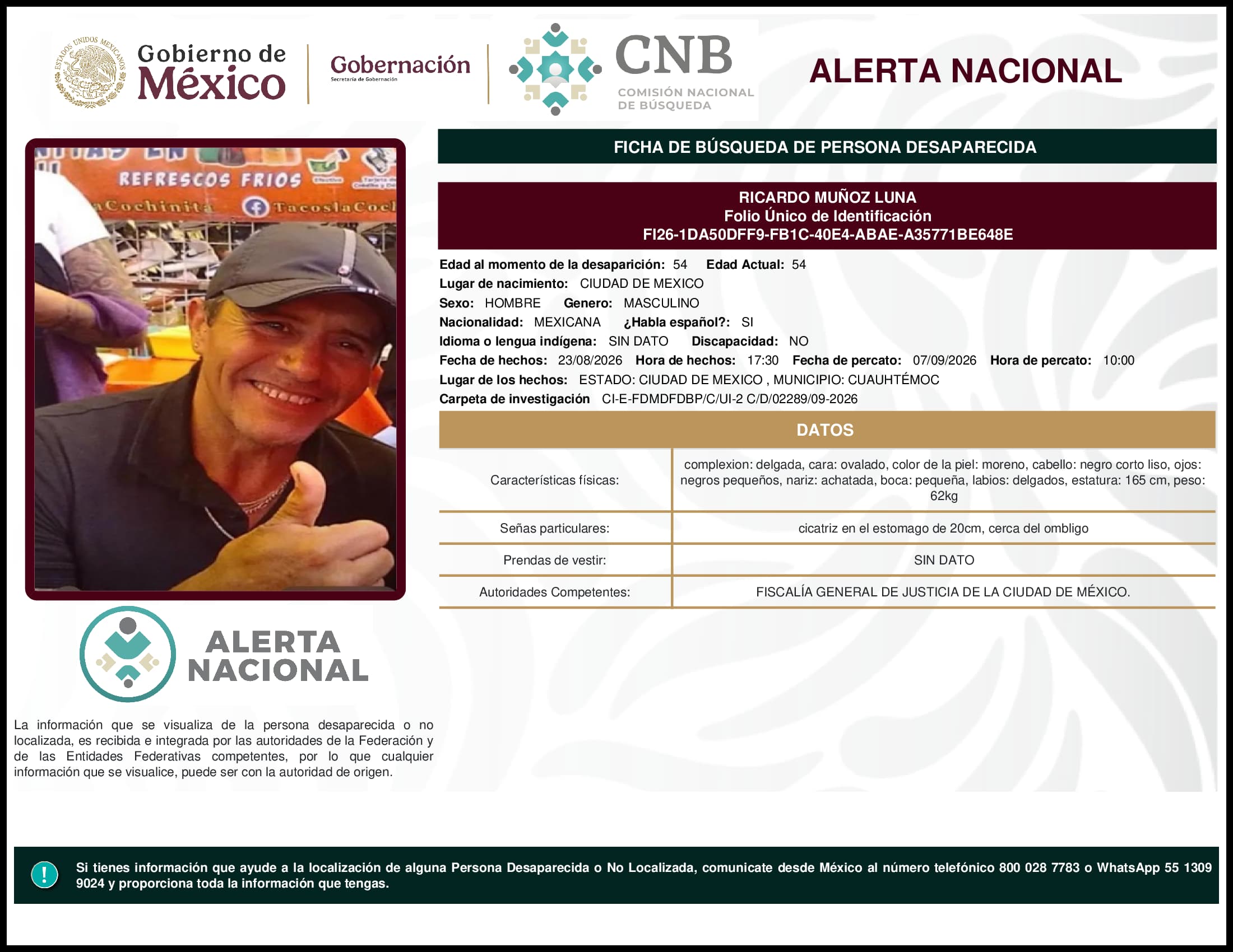 Persona desaparecida Ricardo Munoz Luna
