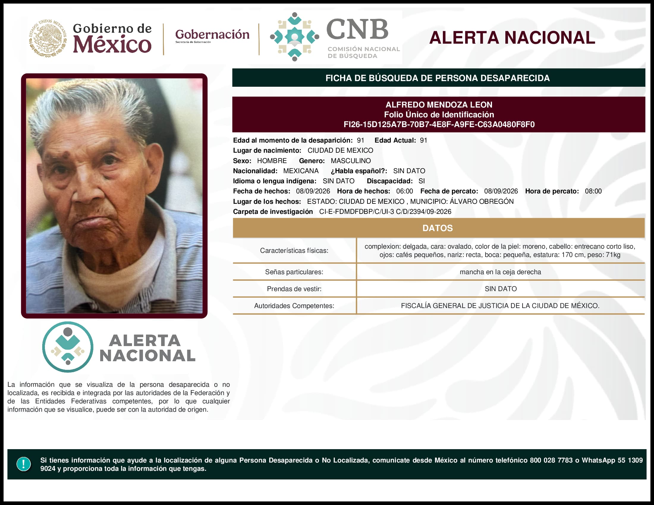 Persona desaparecida Alfredo Mendoza Leon