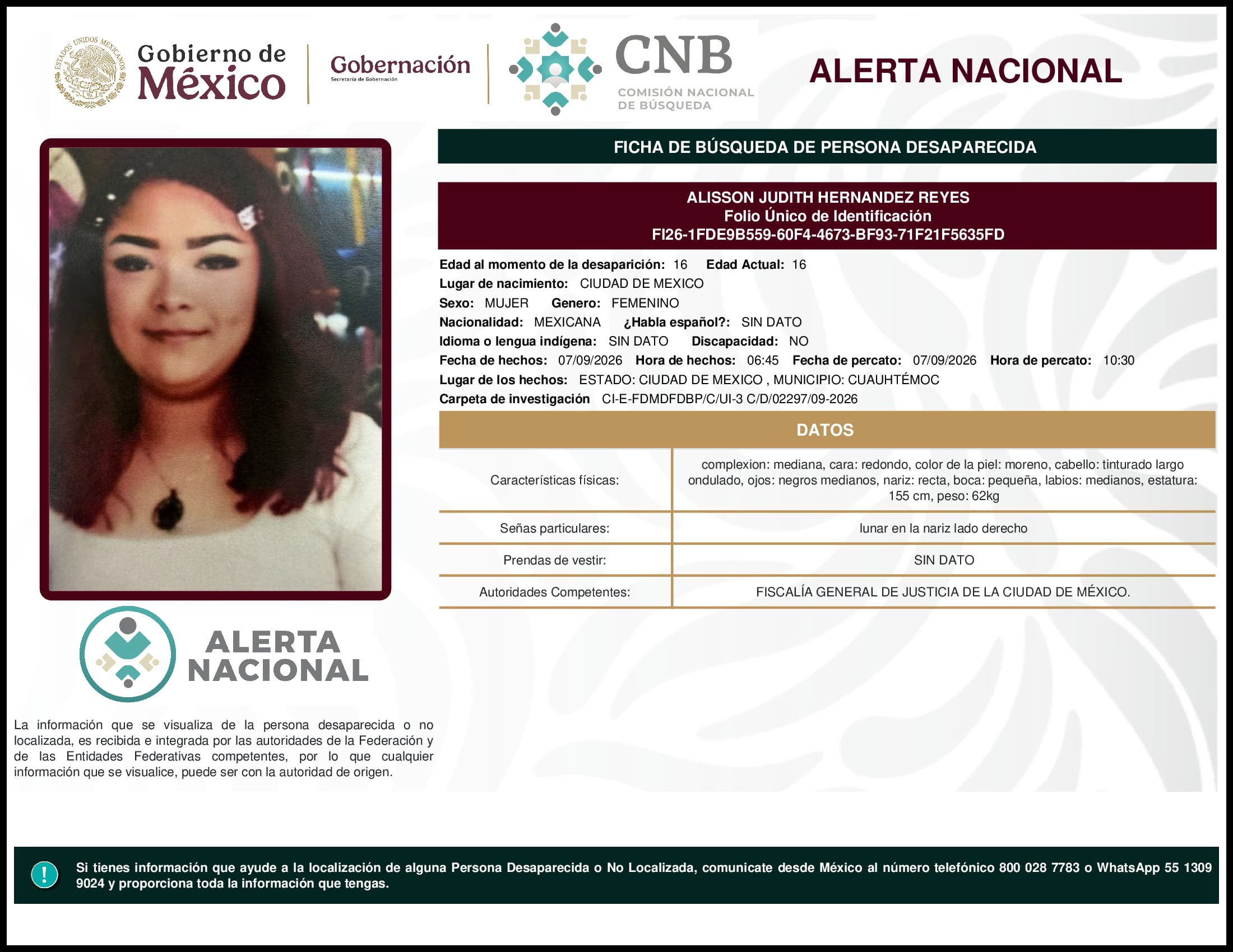 Persona desaparecida Alisson Judith Hernandez Reyes