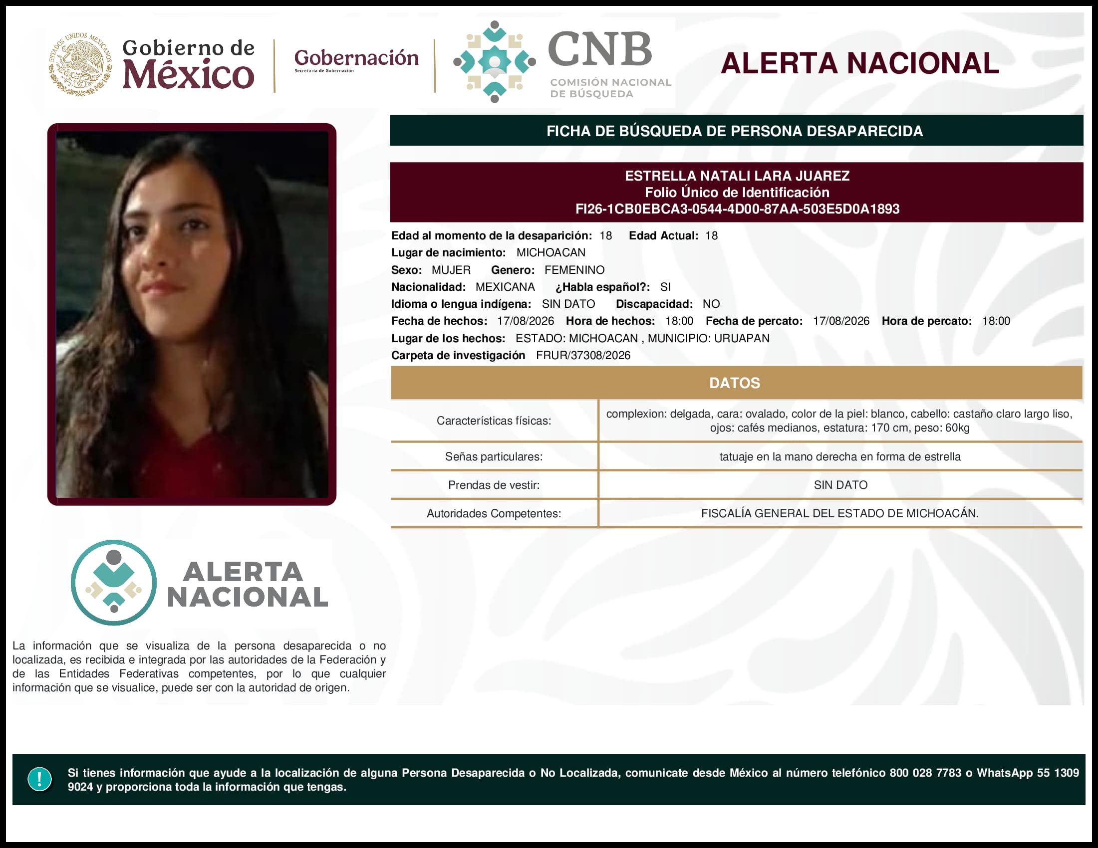 Persona desaparecida Estrella Natali Lara Juarez
